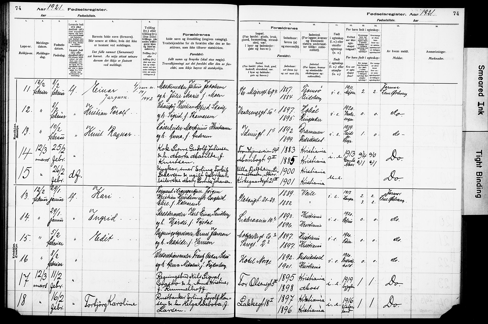 Krohgstøtten sykehusprest Kirkebøker, AV/SAO-A-10854/J/Ja/L0001: Fødselsregister nr. 1, 1917-1928, s. 74