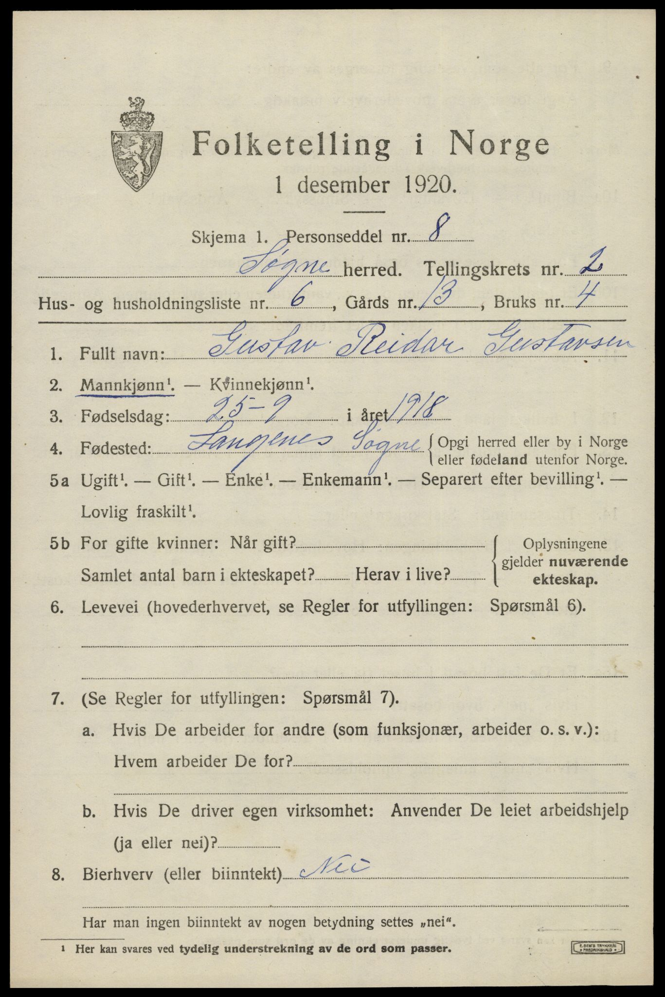 SAK, Folketelling 1920 for 1018 Søgne herred, 1920, s. 1507
