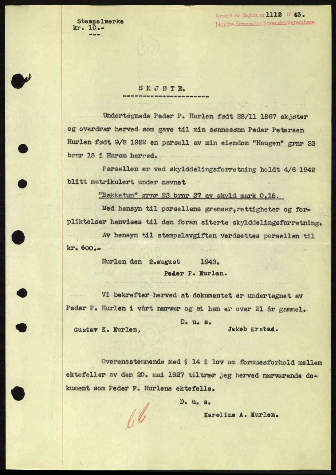 Nordre Sunnmøre sorenskriveri, SAT/A-0006/1/2/2C/2Ca: Pantebok nr. A16, 1943-1943, Dagboknr: 1112/1943