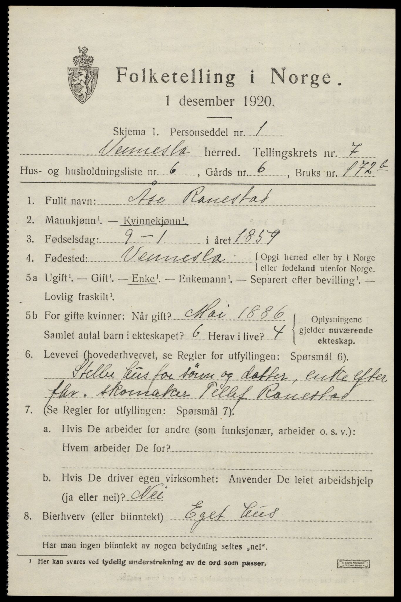 SAK, Folketelling 1920 for 1014 Vennesla herred, 1920, s. 4820