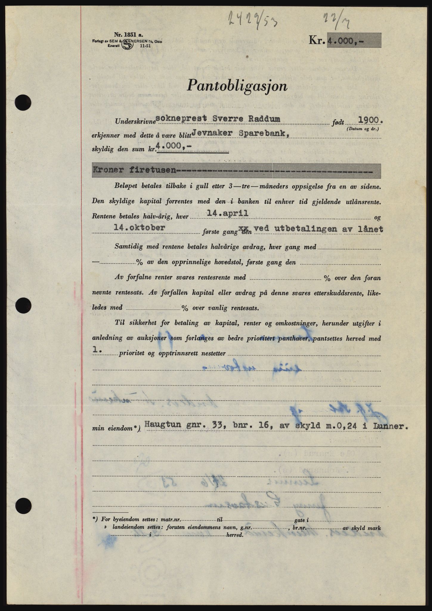 Hadeland og Land tingrett, SAH/TING-010/H/Hb/Hbc/L0027: Pantebok nr. B27, 1953-1953, Dagboknr: 2429/1953