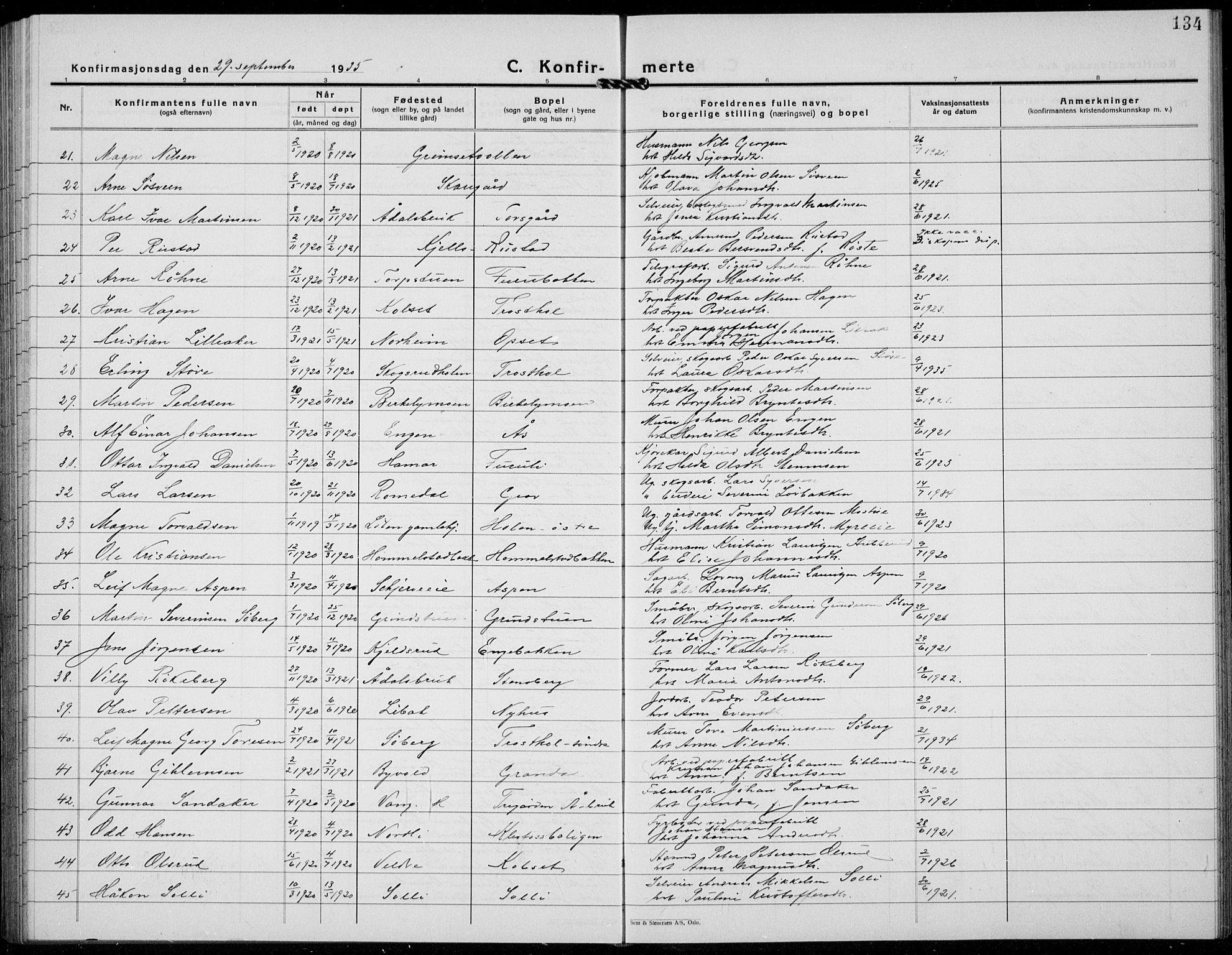 Løten prestekontor, AV/SAH-PREST-022/L/La/L0009: Klokkerbok nr. 9, 1930-1939, s. 134
