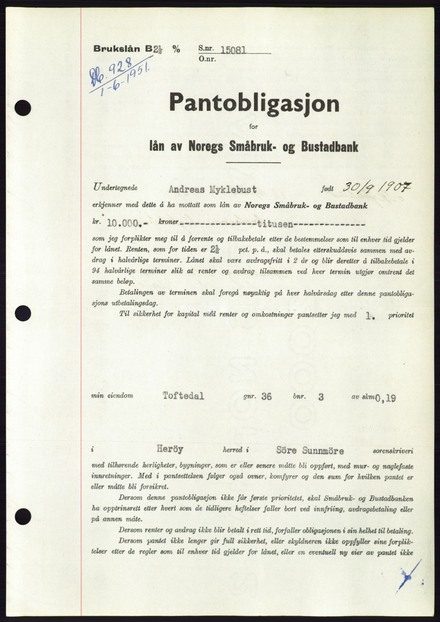 Søre Sunnmøre sorenskriveri, SAT/A-4122/1/2/2C/L0120: Pantebok nr. 8B, 1951-1951, Dagboknr: 928/1951