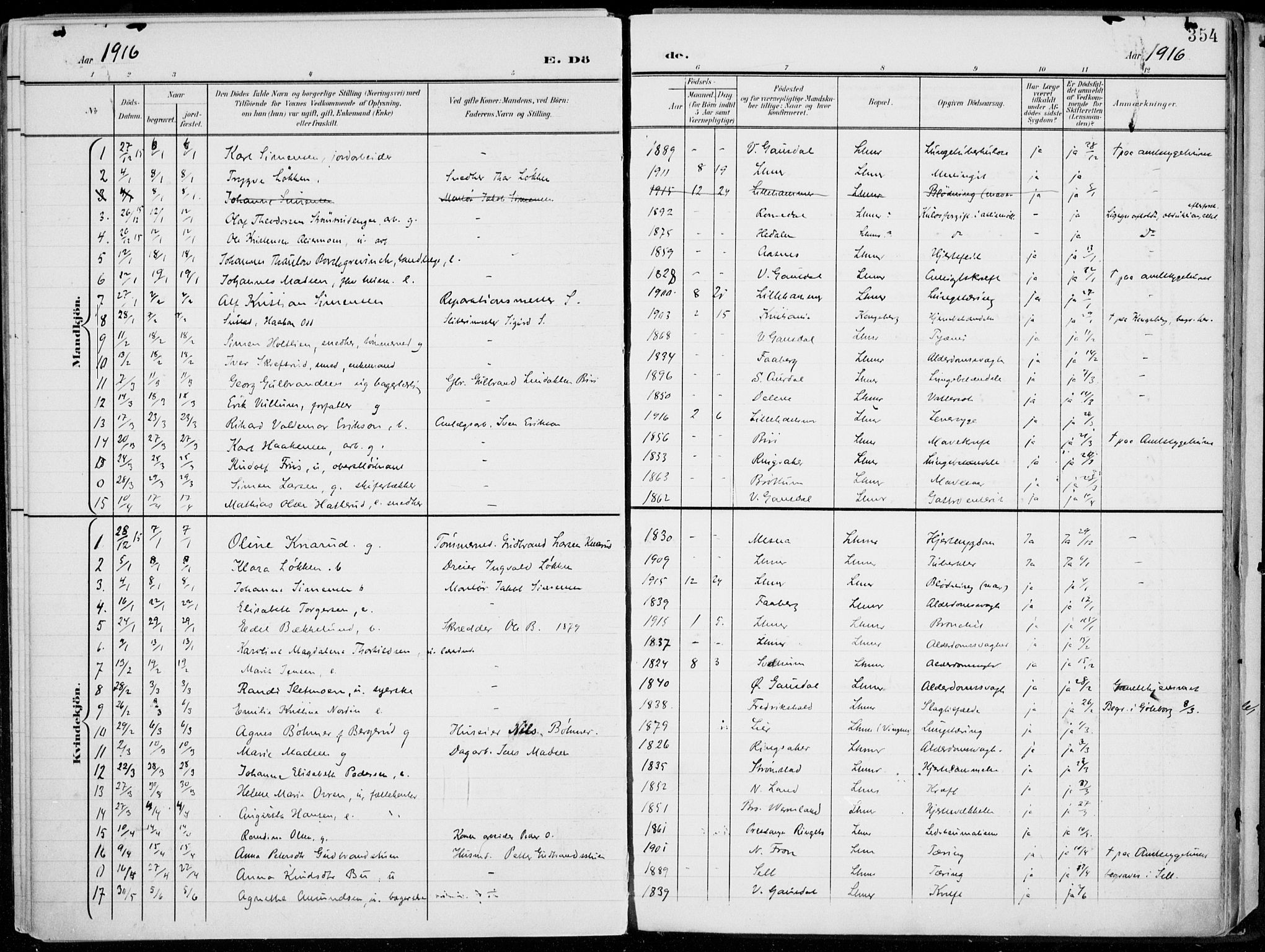 Lillehammer prestekontor, SAH/PREST-088/H/Ha/Haa/L0001: Ministerialbok nr. 1, 1901-1916, s. 354