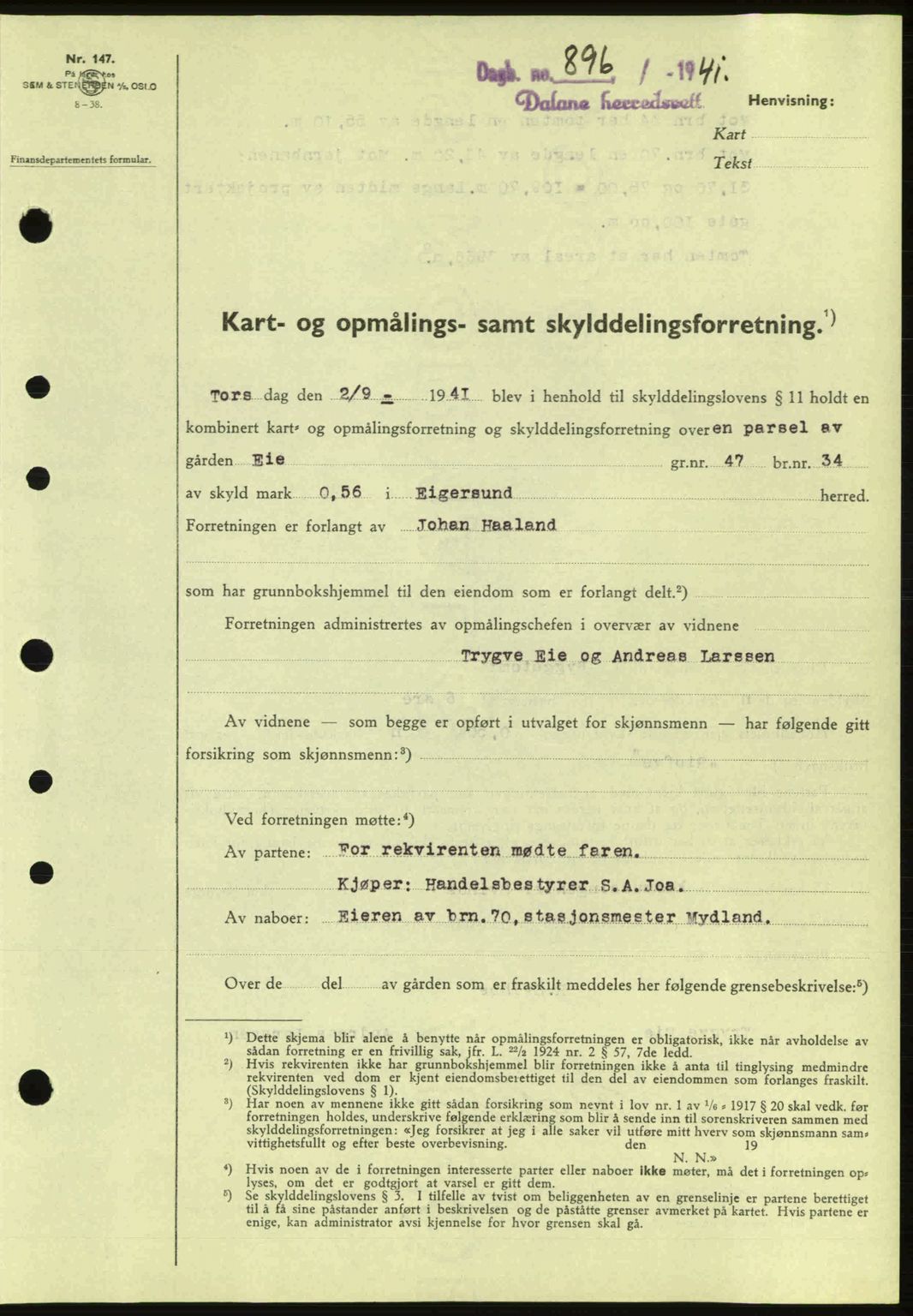 Dalane sorenskriveri, SAST/A-100309/02/G/Gb/L0045: Pantebok nr. A6, 1941-1942, Dagboknr: 896/1941