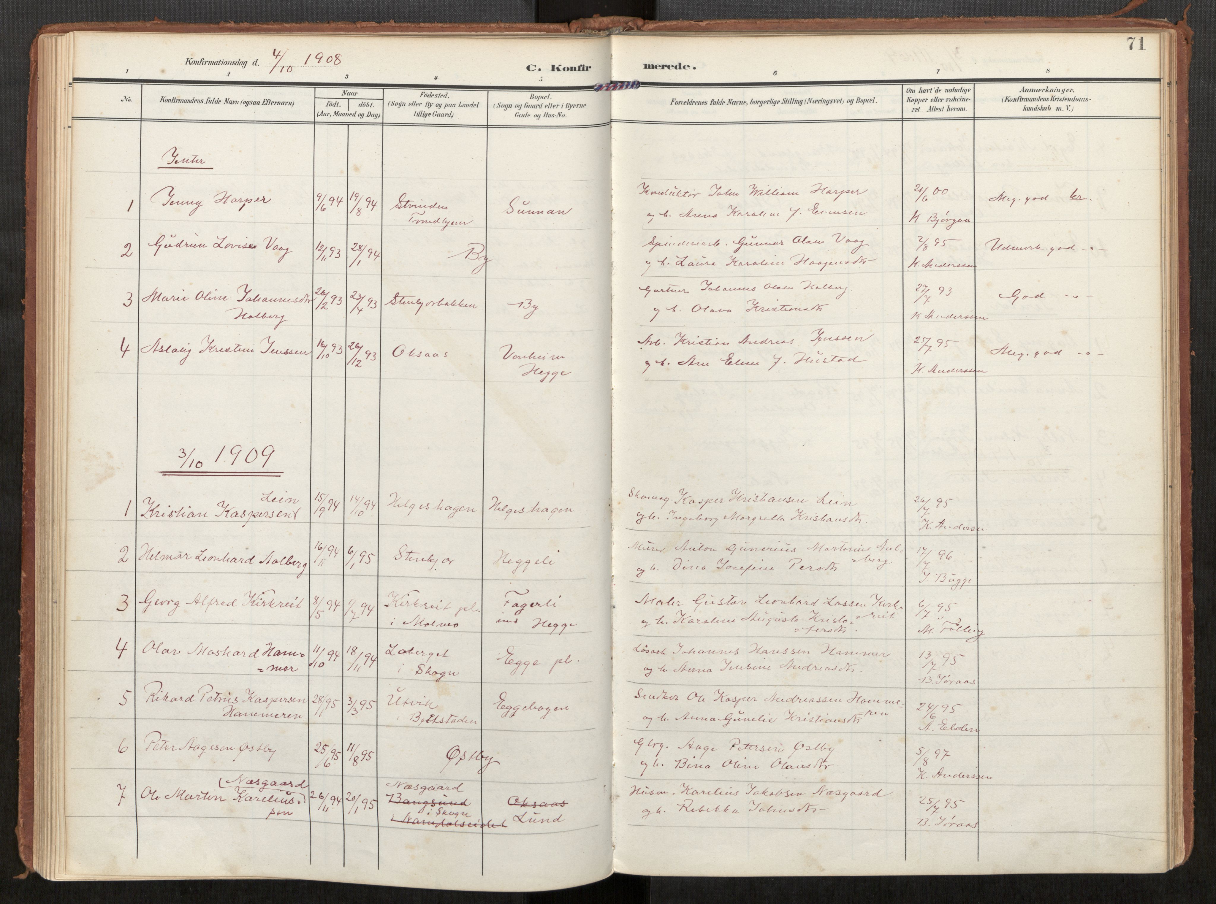 Steinkjer sokneprestkontor, AV/SAT-A-1541/01/H/Ha/Haa/L0002: Ministerialbok nr. 2, 1907-1917, s. 71