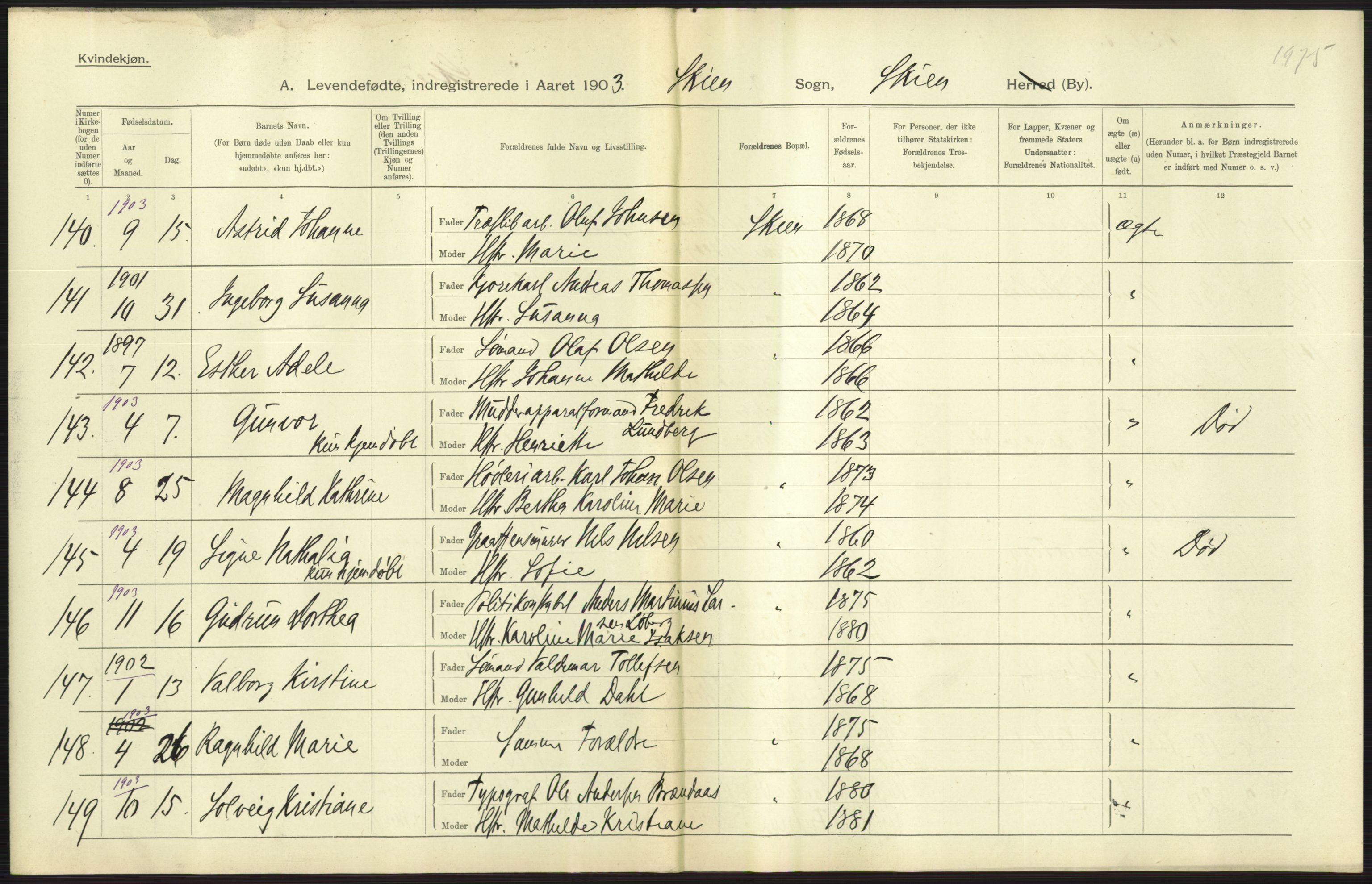 Statistisk sentralbyrå, Sosiodemografiske emner, Befolkning, AV/RA-S-2228/D/Df/Dfa/Dfaa/L0009: Bratsberg amt: Fødte, gifte, døde, 1903, s. 283