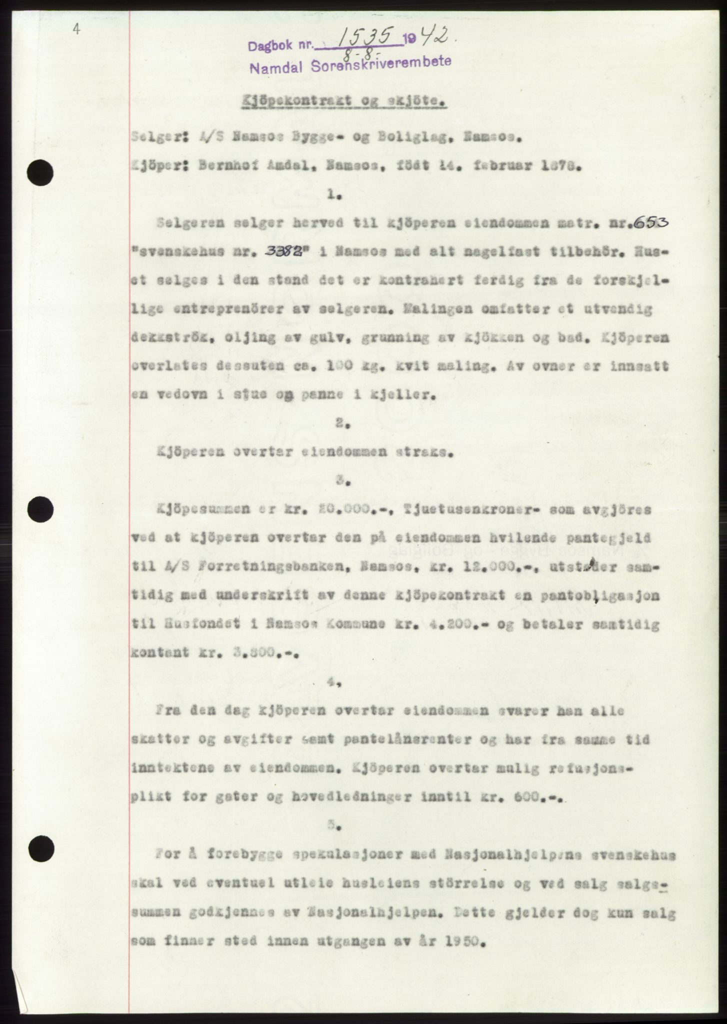 Namdal sorenskriveri, SAT/A-4133/1/2/2C: Pantebok nr. -, 1942-1943, Dagboknr: 1535/1942