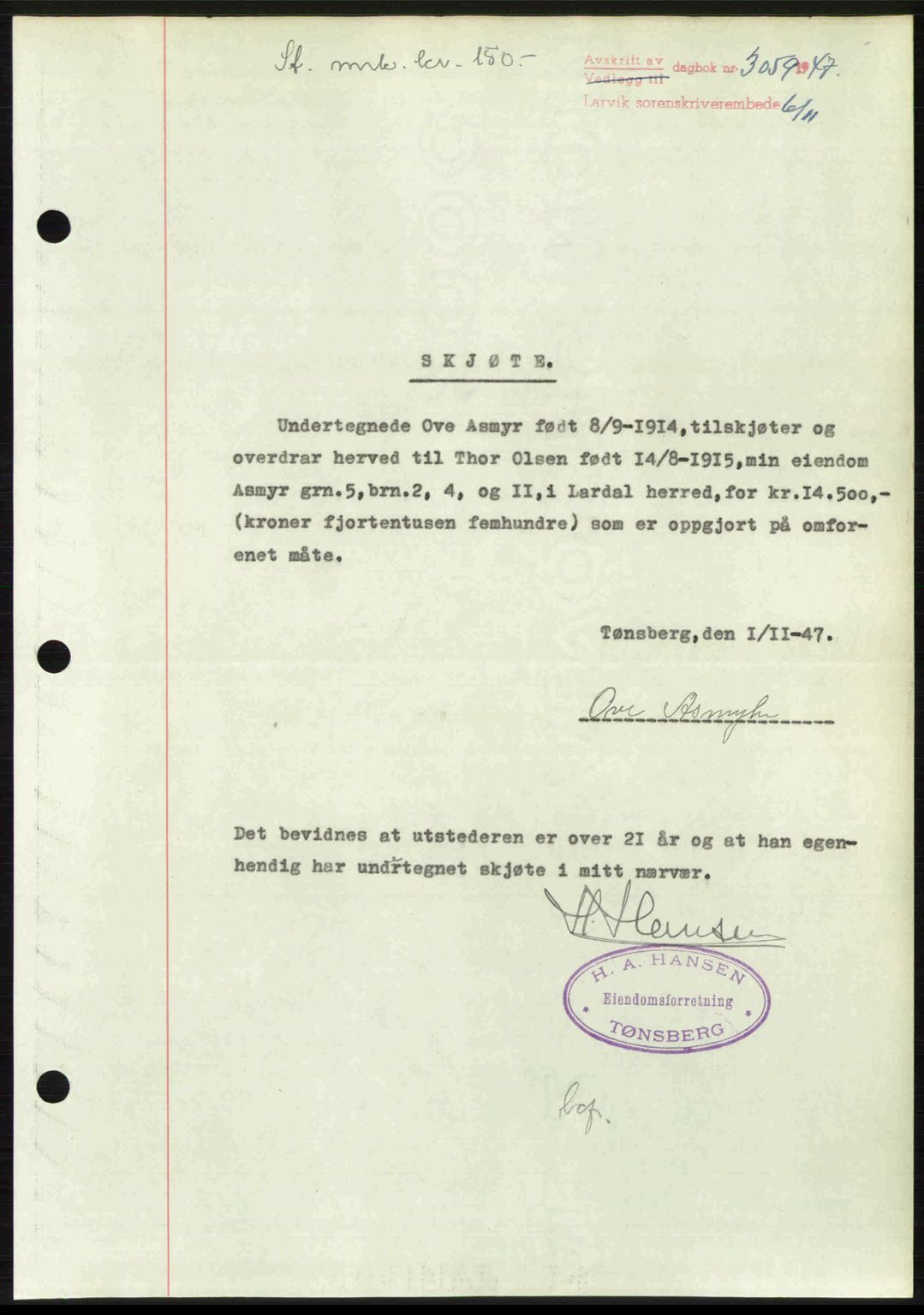 Larvik sorenskriveri, SAKO/A-83/G/Ga/Gab/L0085: Pantebok nr. A-19, 1947-1948, Dagboknr: 3059/1947