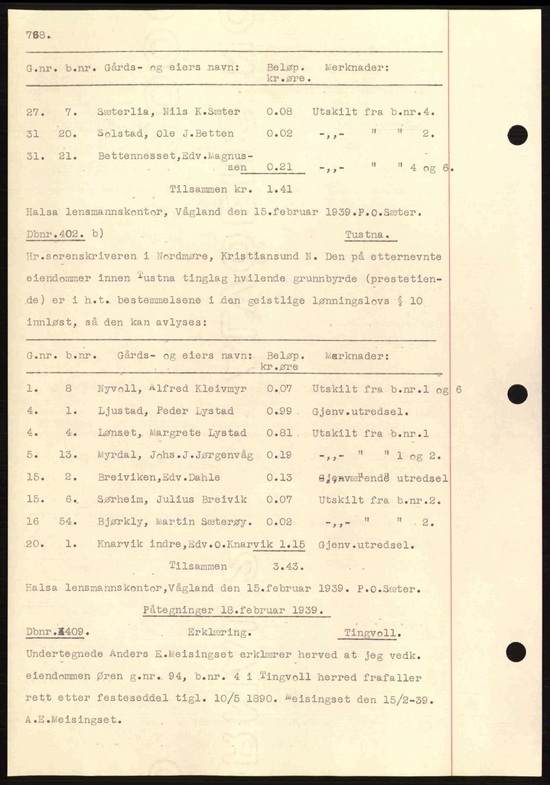 Nordmøre sorenskriveri, SAT/A-4132/1/2/2Ca: Pantebok nr. C80, 1936-1939, Dagboknr: 402/1939