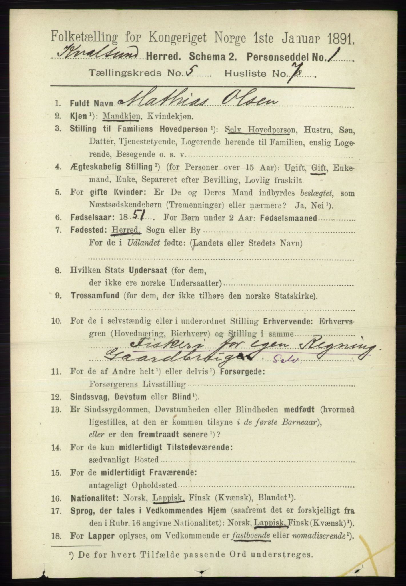 RA, Folketelling 1891 for 2017 Kvalsund herred, 1891, s. 554