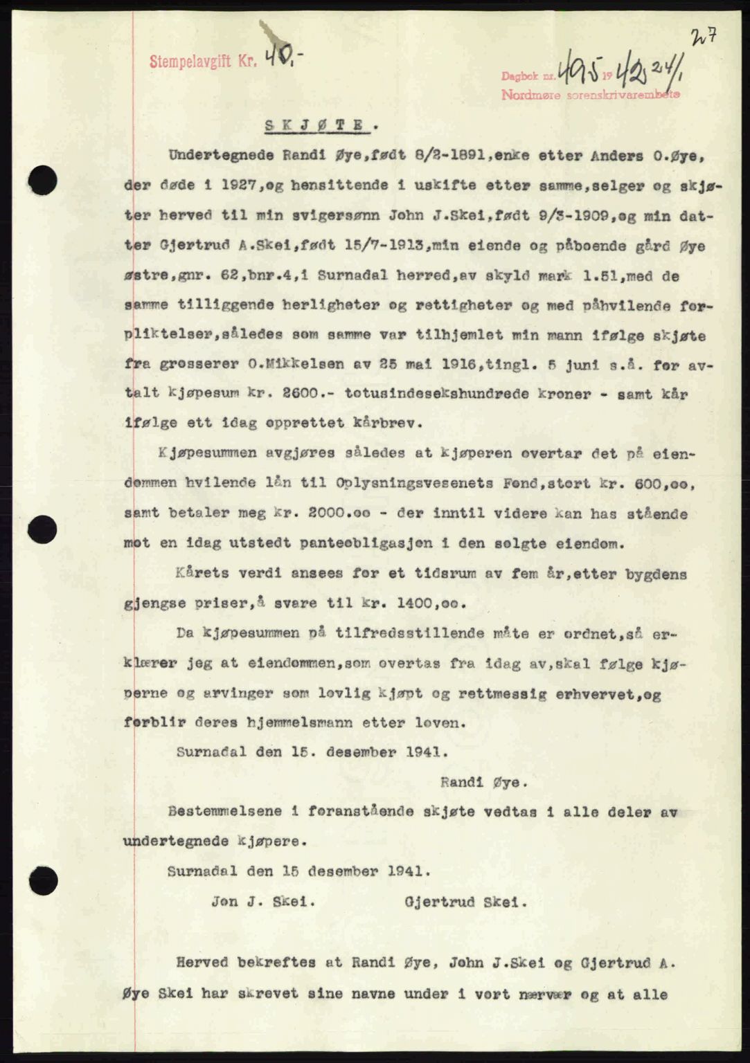 Nordmøre sorenskriveri, SAT/A-4132/1/2/2Ca: Pantebok nr. A92, 1942-1942, Dagboknr: 495/1942