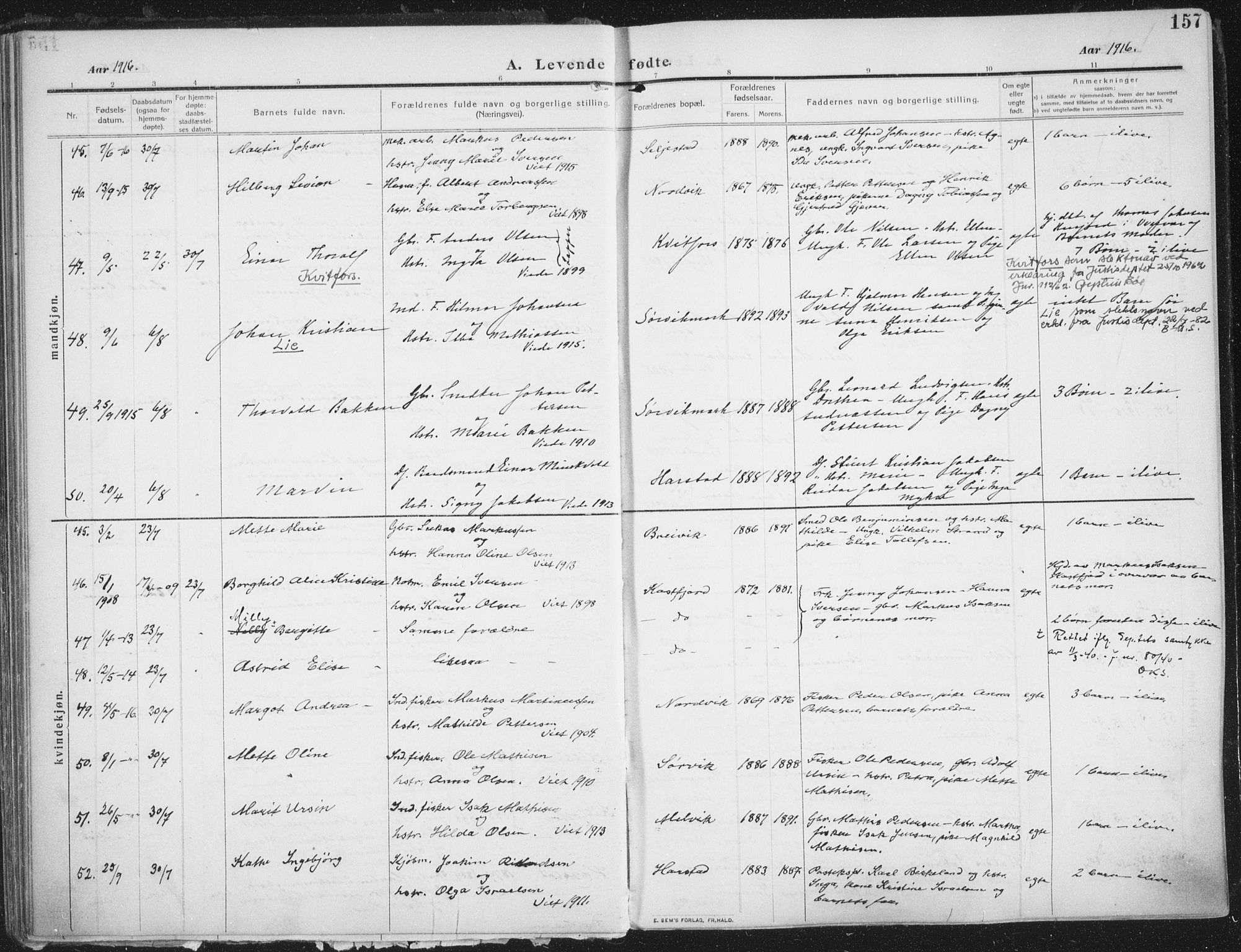 Trondenes sokneprestkontor, AV/SATØ-S-1319/H/Ha/L0018kirke: Ministerialbok nr. 18, 1909-1918, s. 157