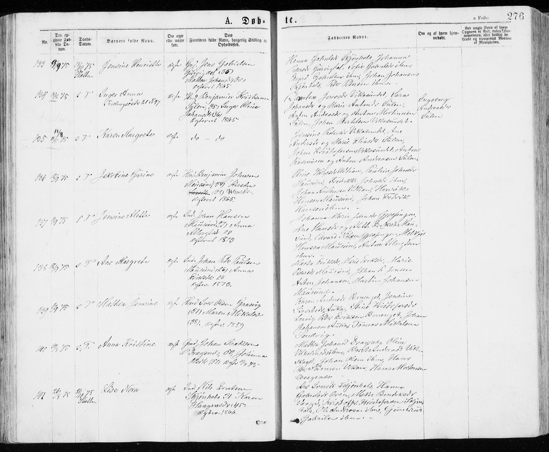 Ministerialprotokoller, klokkerbøker og fødselsregistre - Sør-Trøndelag, SAT/A-1456/640/L0576: Ministerialbok nr. 640A01, 1846-1876, s. 276