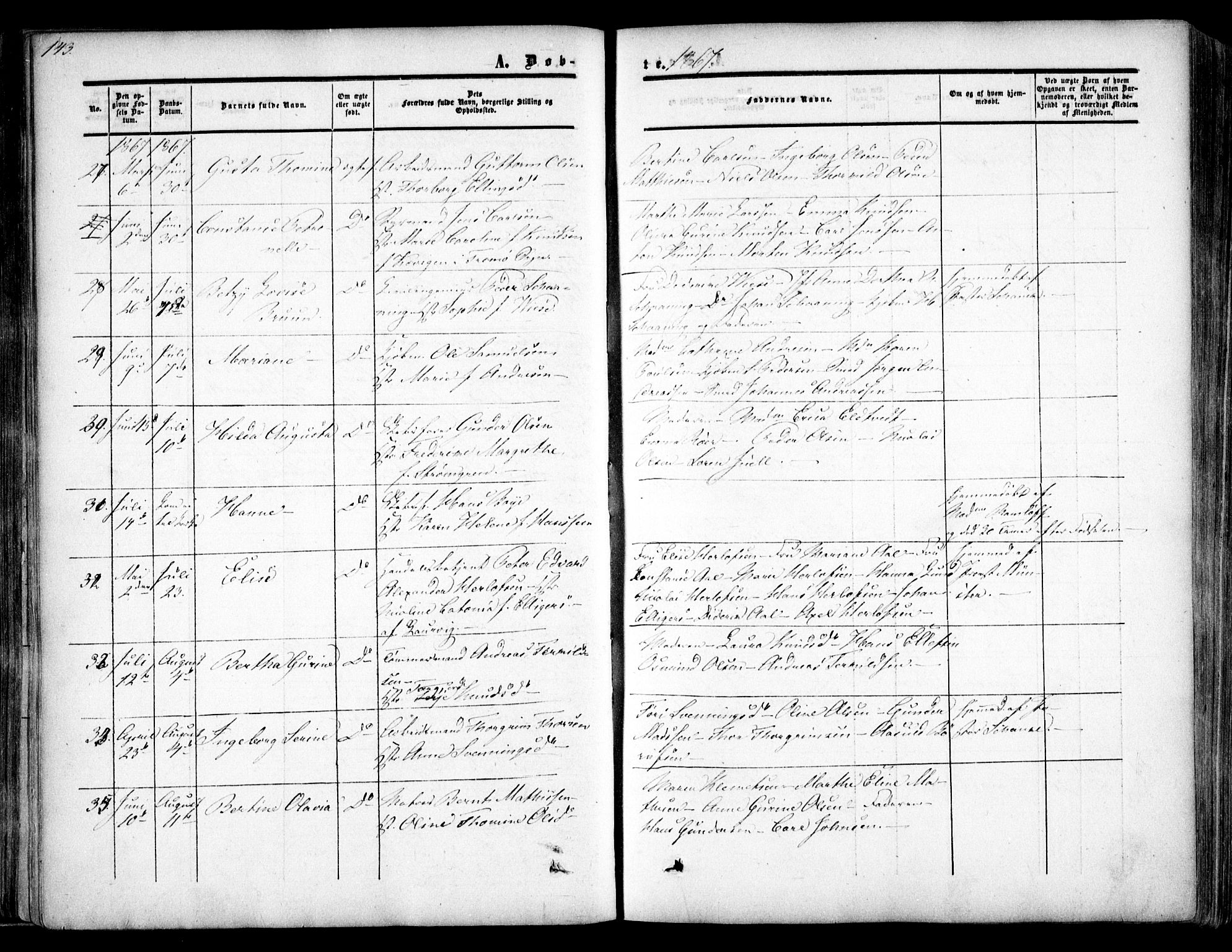 Arendal sokneprestkontor, Trefoldighet, AV/SAK-1111-0040/F/Fa/L0006: Ministerialbok nr. A 6, 1855-1868, s. 143