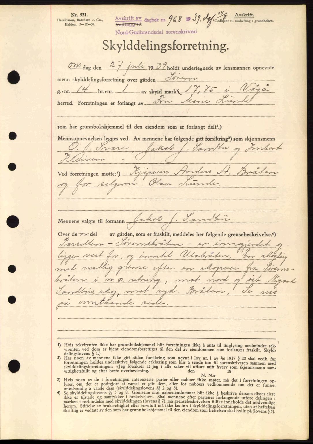 Nord-Gudbrandsdal tingrett, SAH/TING-002/H/Hb/Hbb/L0005: Pantebok nr. FA5, 1939-1940, Dagboknr: 968/1939