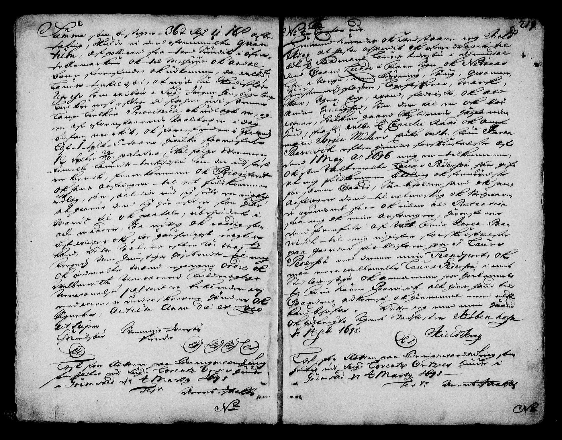 Nedenes sorenskriveri før 1824, SAK/1221-0007/G/Gb/L0001: Pantebok nr. 1, 1696-1698, s. 219