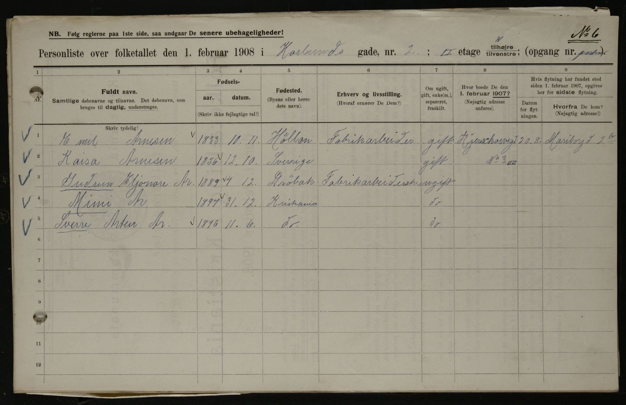 OBA, Kommunal folketelling 1.2.1908 for Kristiania kjøpstad, 1908, s. 24097