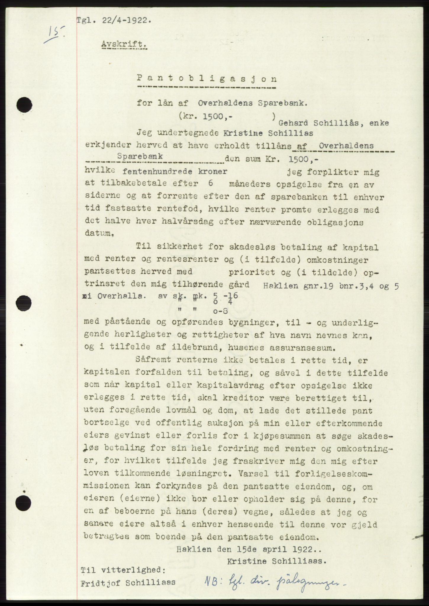 Namdal sorenskriveri, SAT/A-4133/1/2/2C: Pantebok nr. -, 1922-1925, Tingl.dato: 22.04.1922