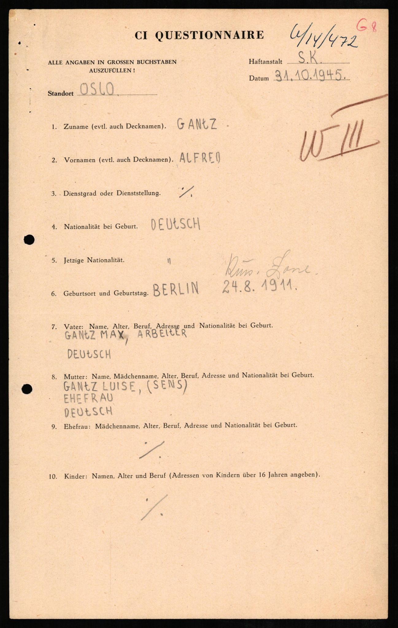 Forsvaret, Forsvarets overkommando II, AV/RA-RAFA-3915/D/Db/L0009: CI Questionaires. Tyske okkupasjonsstyrker i Norge. Tyskere., 1945-1946, s. 133