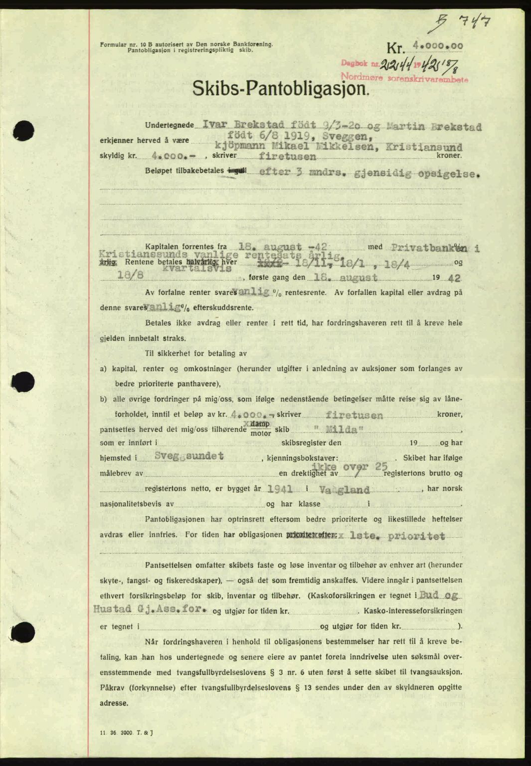 Nordmøre sorenskriveri, AV/SAT-A-4132/1/2/2Ca: Pantebok nr. B89, 1942-1942, Dagboknr: 2244/1942