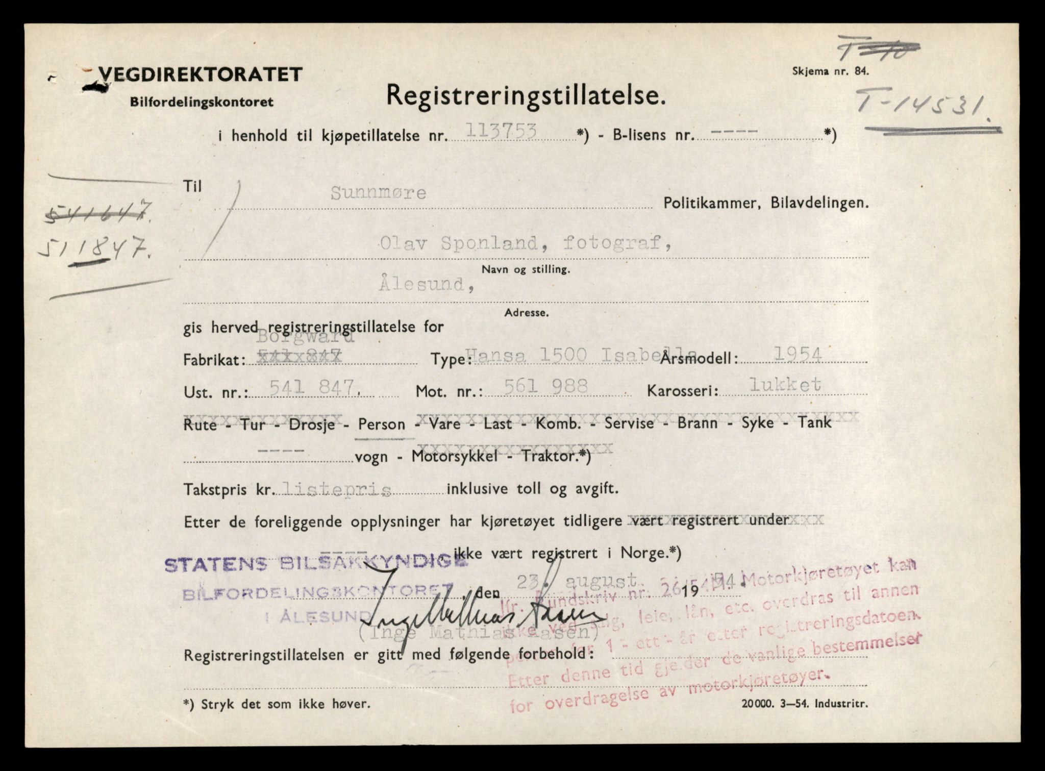 Møre og Romsdal vegkontor - Ålesund trafikkstasjon, AV/SAT-A-4099/F/Fe/L0046: Registreringskort for kjøretøy T 14445 - T 14579, 1927-1998