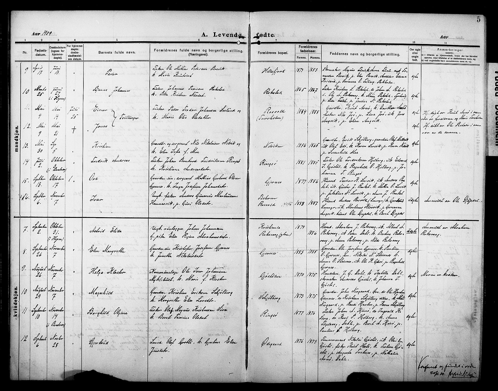 Ministerialprotokoller, klokkerbøker og fødselsregistre - Møre og Romsdal, SAT/A-1454/581/L0943: Klokkerbok nr. 581C01, 1909-1931, s. 5