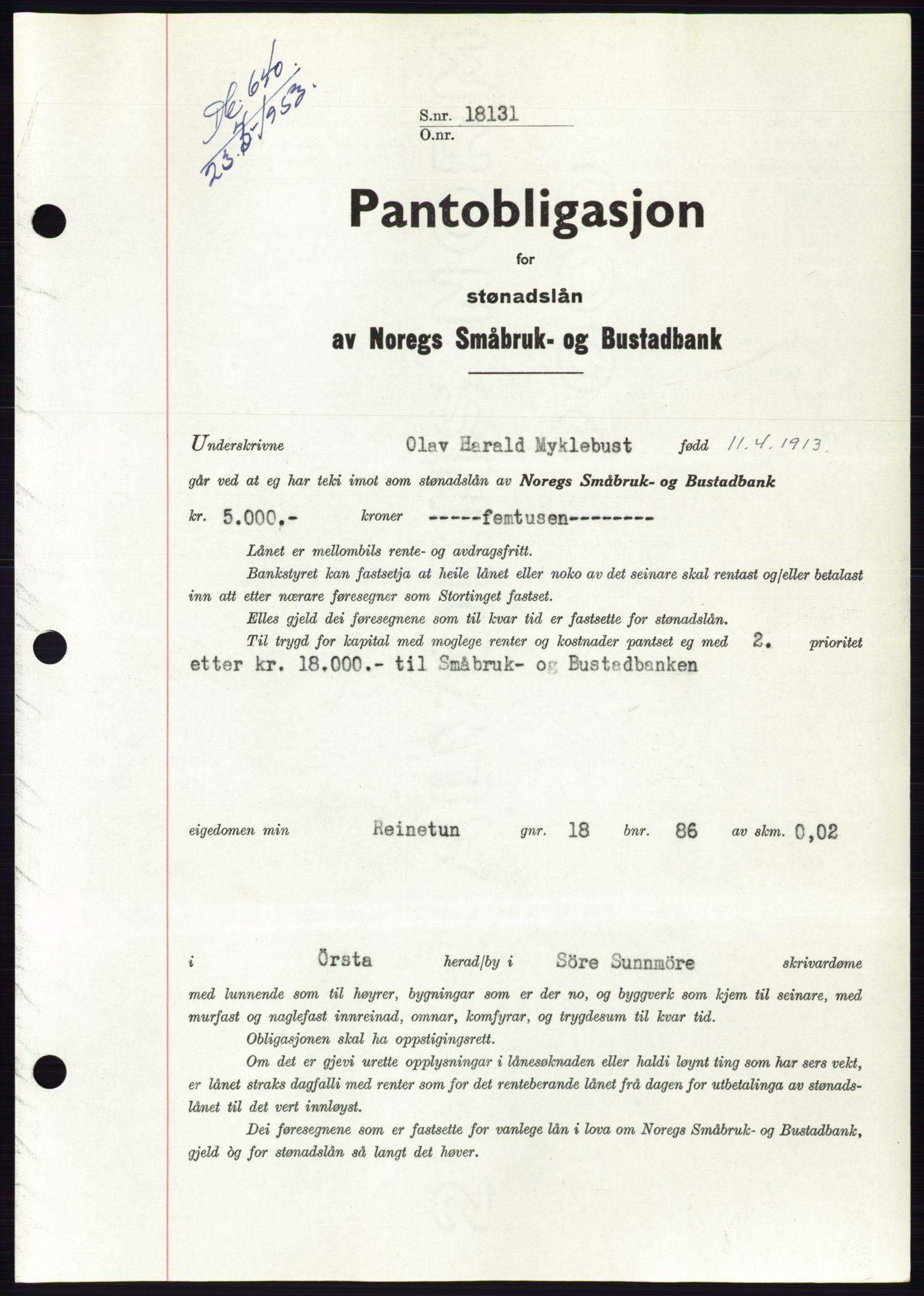 Søre Sunnmøre sorenskriveri, SAT/A-4122/1/2/2C/L0123: Pantebok nr. 11B, 1953-1953, Dagboknr: 640/1953