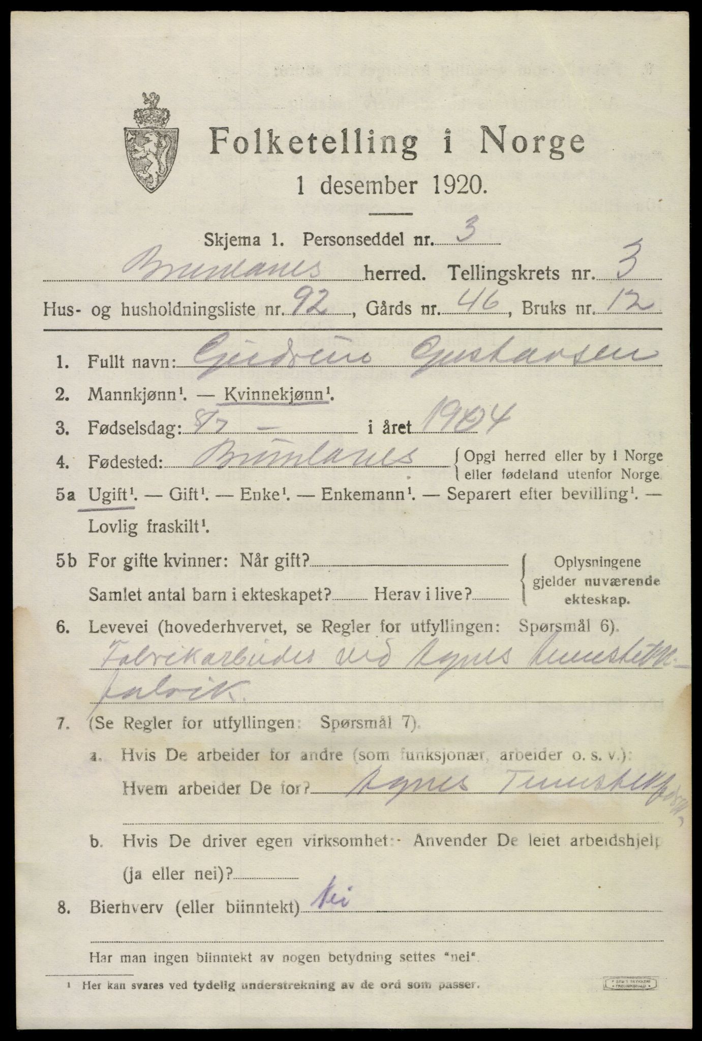 SAKO, Folketelling 1920 for 0726 Brunlanes herred, 1920, s. 5805