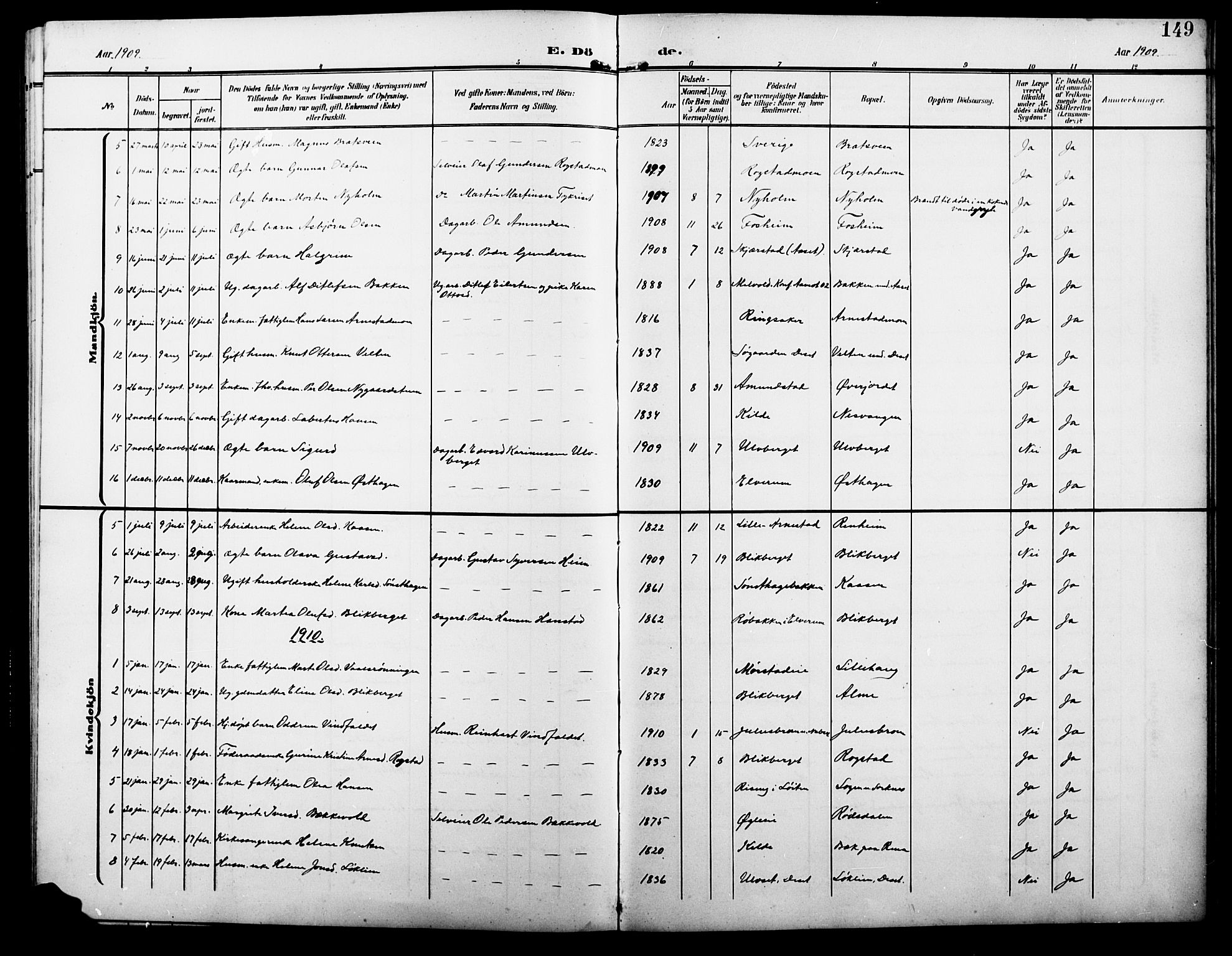 Åmot prestekontor, Hedmark, AV/SAH-PREST-056/H/Ha/Hab/L0004: Klokkerbok nr. 4, 1905-1920, s. 149