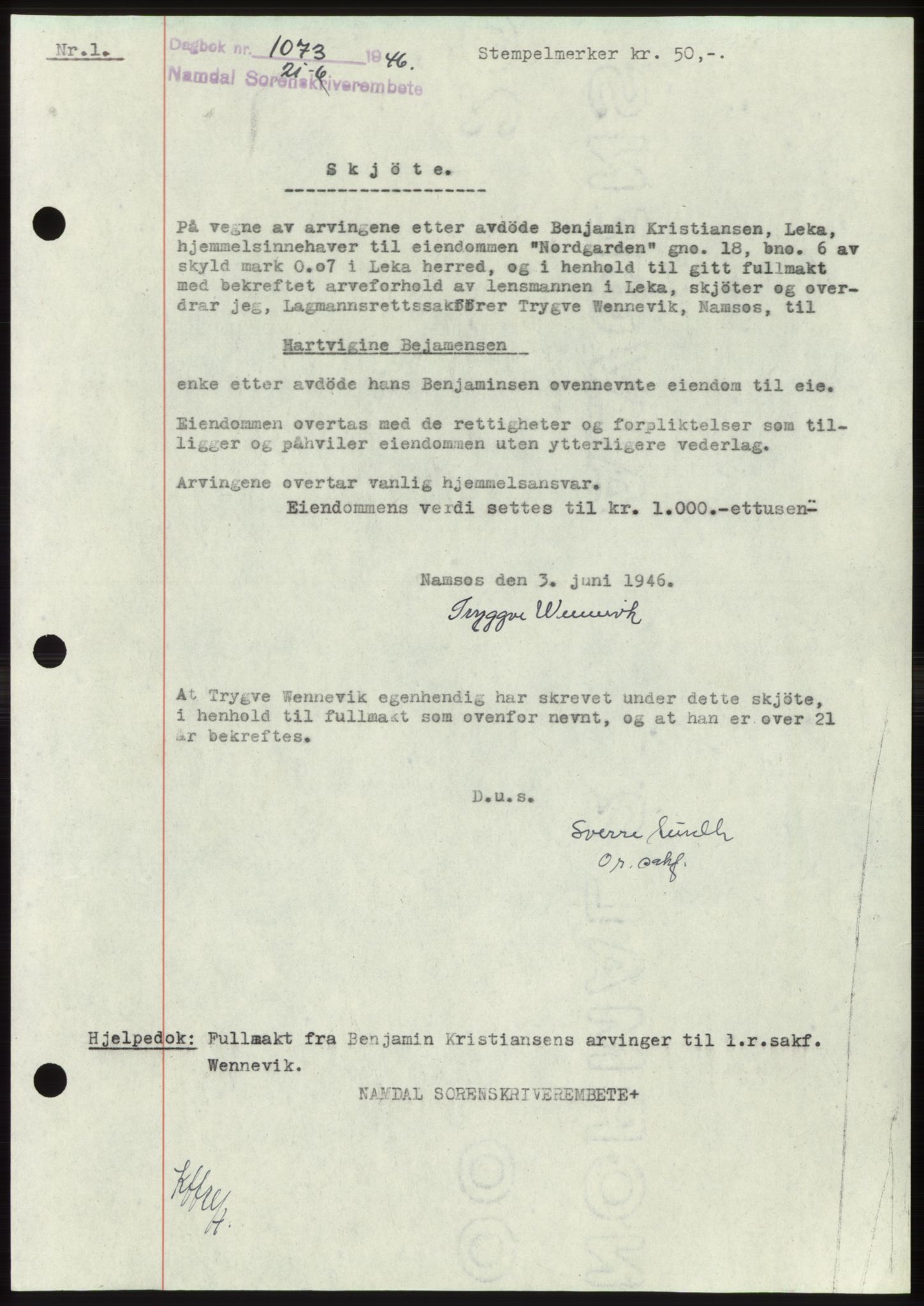 Namdal sorenskriveri, SAT/A-4133/1/2/2C: Pantebok nr. -, 1946-1946, Dagboknr: 1073/1946