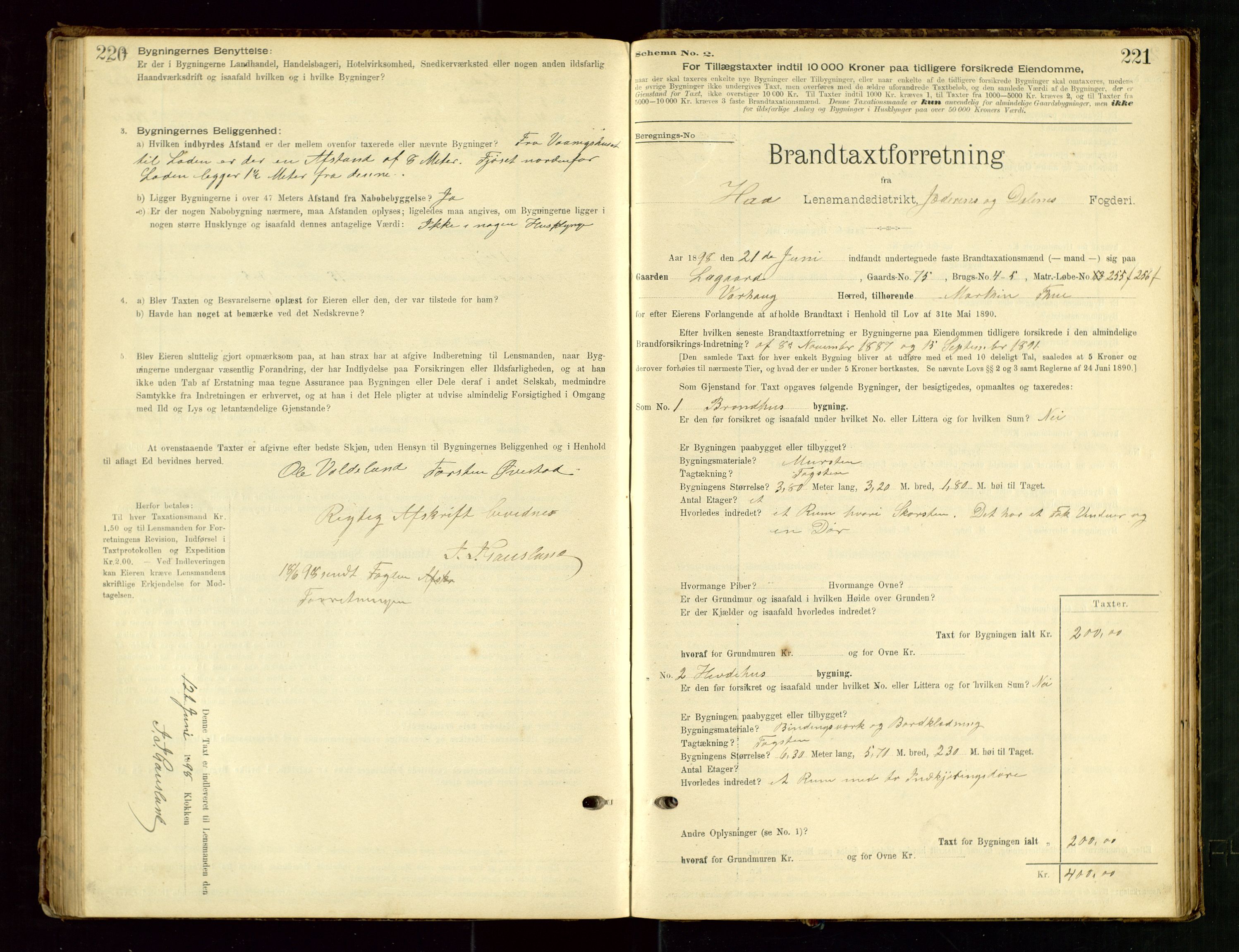 Hå lensmannskontor, SAST/A-100456/Goa/L0003: Takstprotokoll (skjema), 1895-1911, s. 220-221