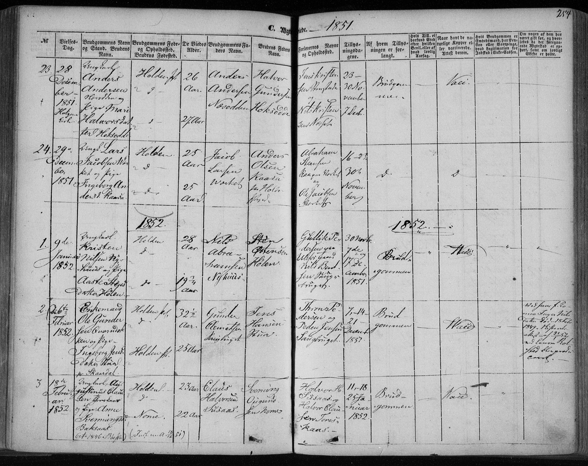 Holla kirkebøker, AV/SAKO-A-272/F/Fa/L0005: Ministerialbok nr. 5, 1849-1860, s. 254