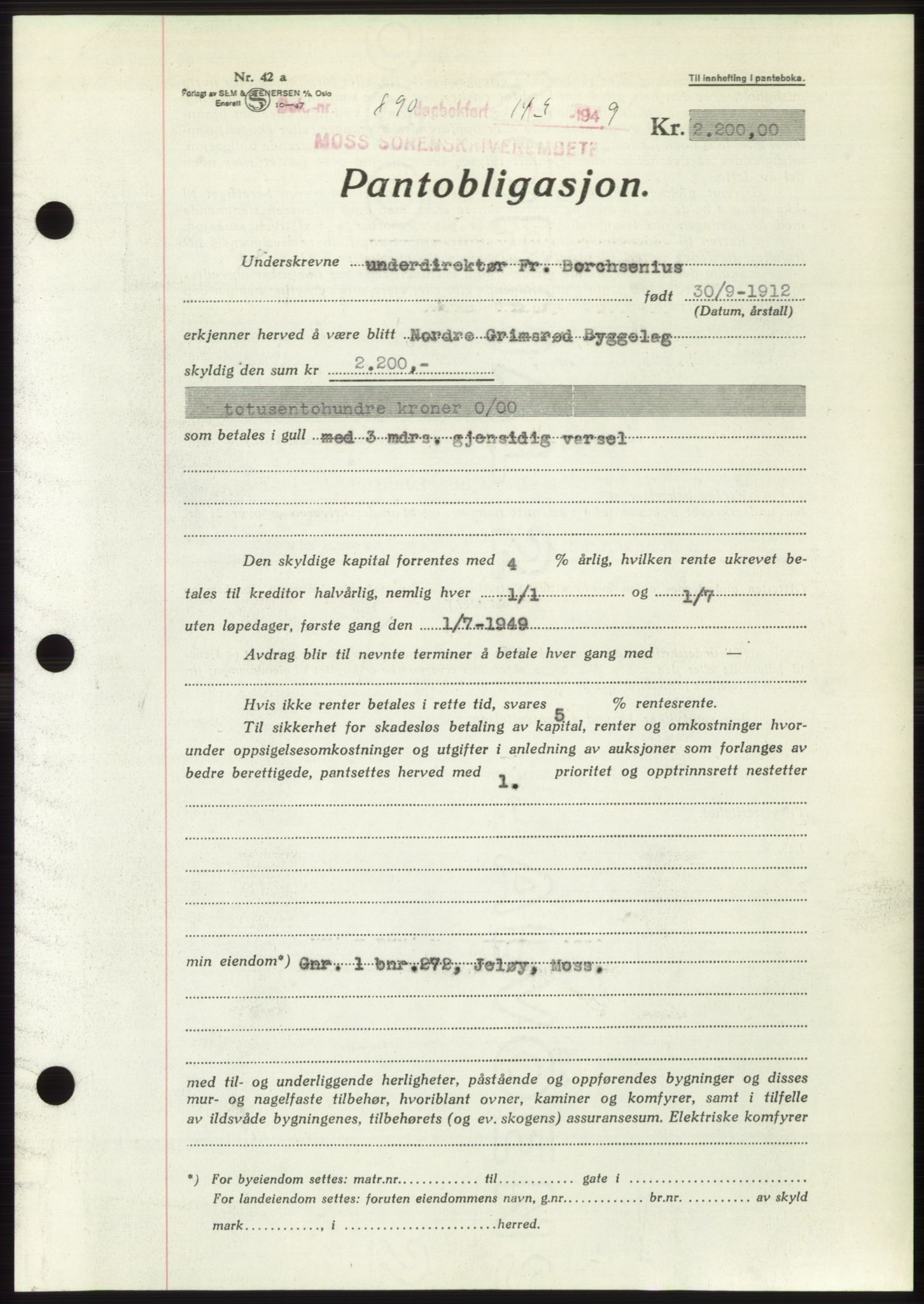 Moss sorenskriveri, SAO/A-10168: Pantebok nr. B21, 1949-1949, Dagboknr: 890/1949