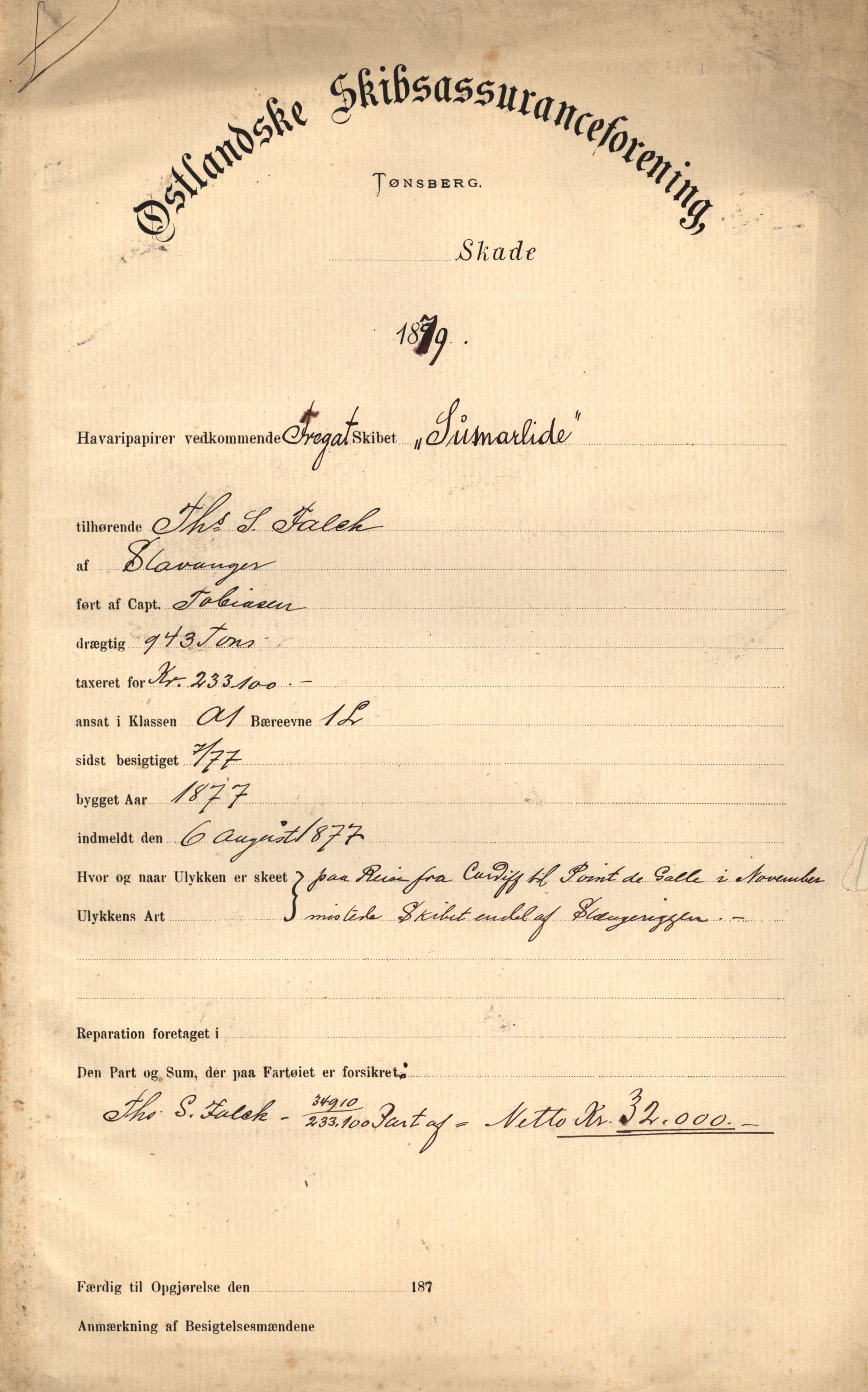 Pa 63 - Østlandske skibsassuranceforening, VEMU/A-1079/G/Ga/L0011/0012: Havaridokumenter / Sumarlide, 1879