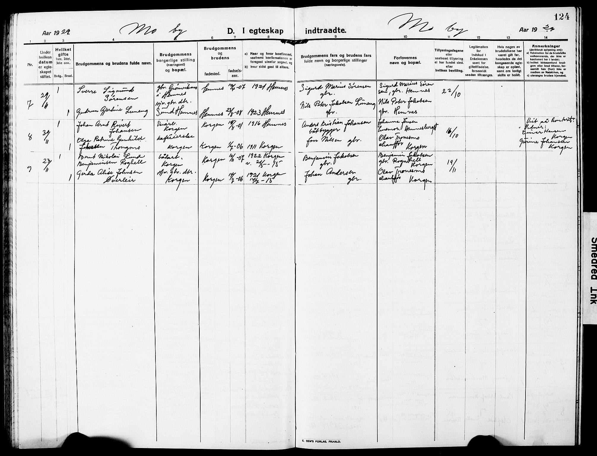 Ministerialprotokoller, klokkerbøker og fødselsregistre - Nordland, AV/SAT-A-1459/827/L0424: Klokkerbok nr. 827C13, 1921-1930, s. 124