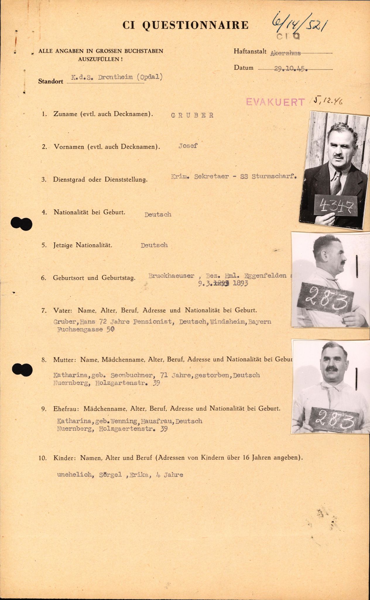 Forsvaret, Forsvarets overkommando II, RA/RAFA-3915/D/Db/L0010: CI Questionaires. Tyske okkupasjonsstyrker i Norge. Tyskere., 1945-1946, s. 392