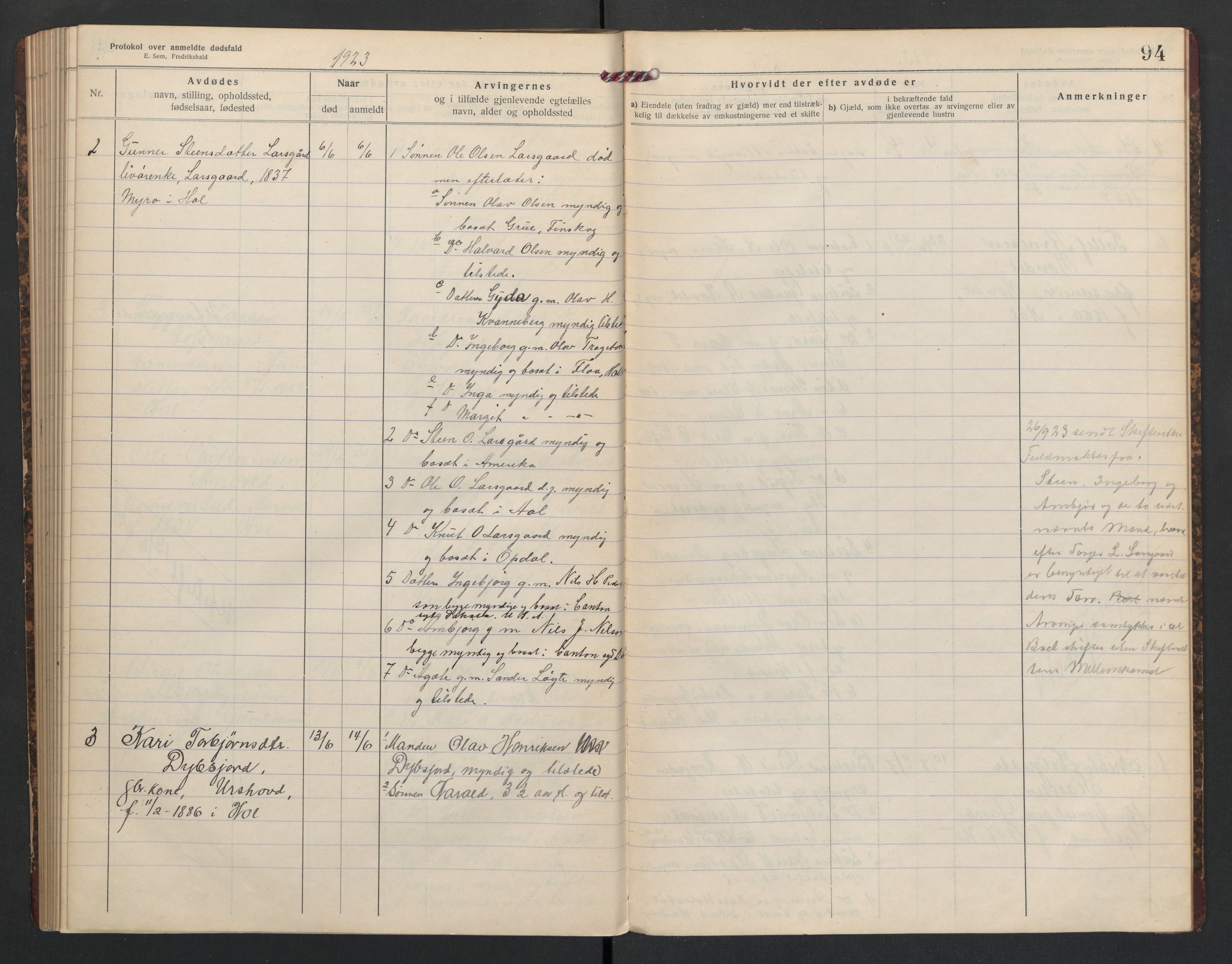 Hol lensmannskontor, AV/SAKO-A-512/H/Ha/L0005: Dødsanmeldelsesprotokoll, 1917-1924, s. 94