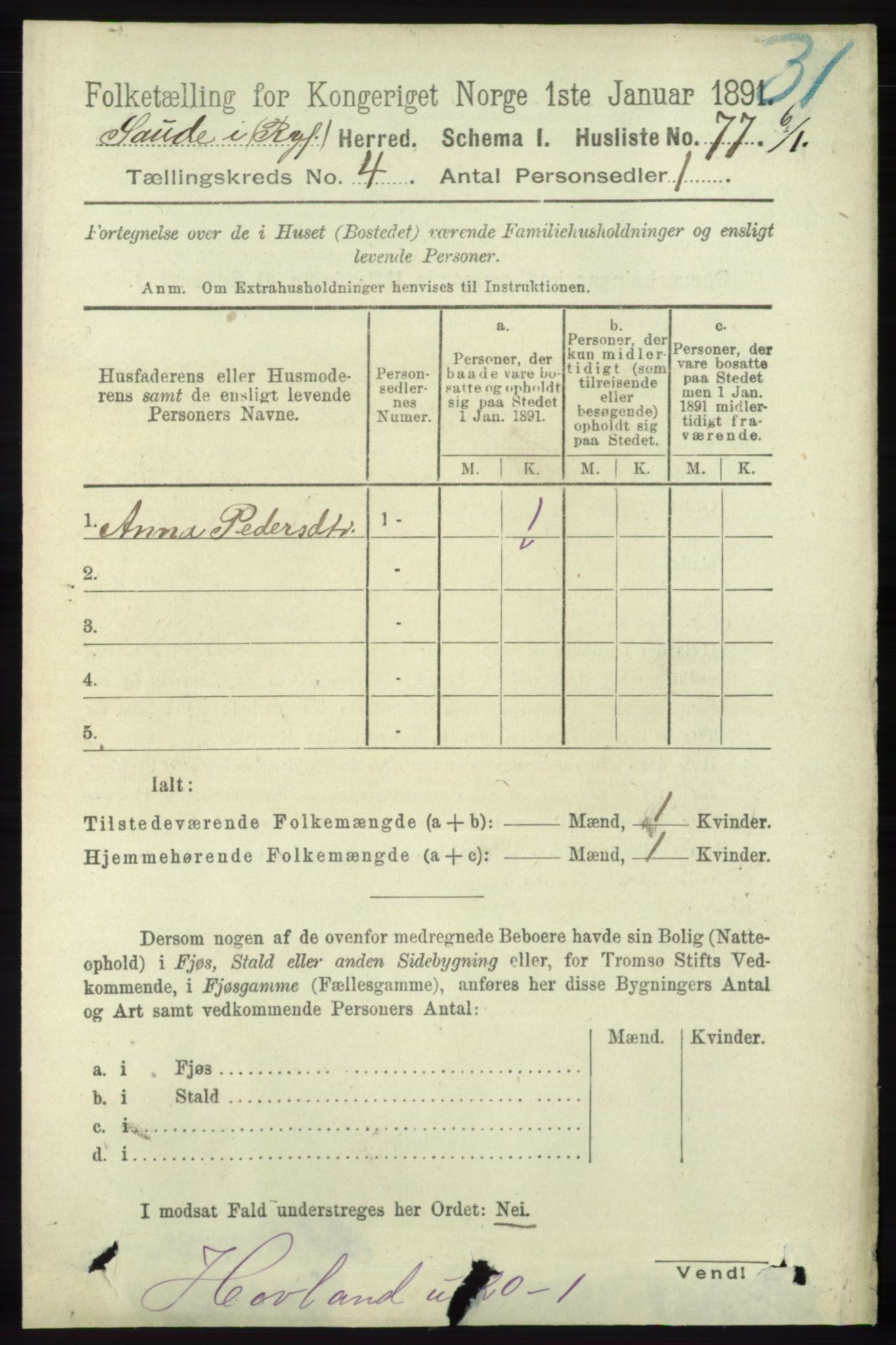 RA, Folketelling 1891 for 1135 Sauda herred, 1891, s. 1817