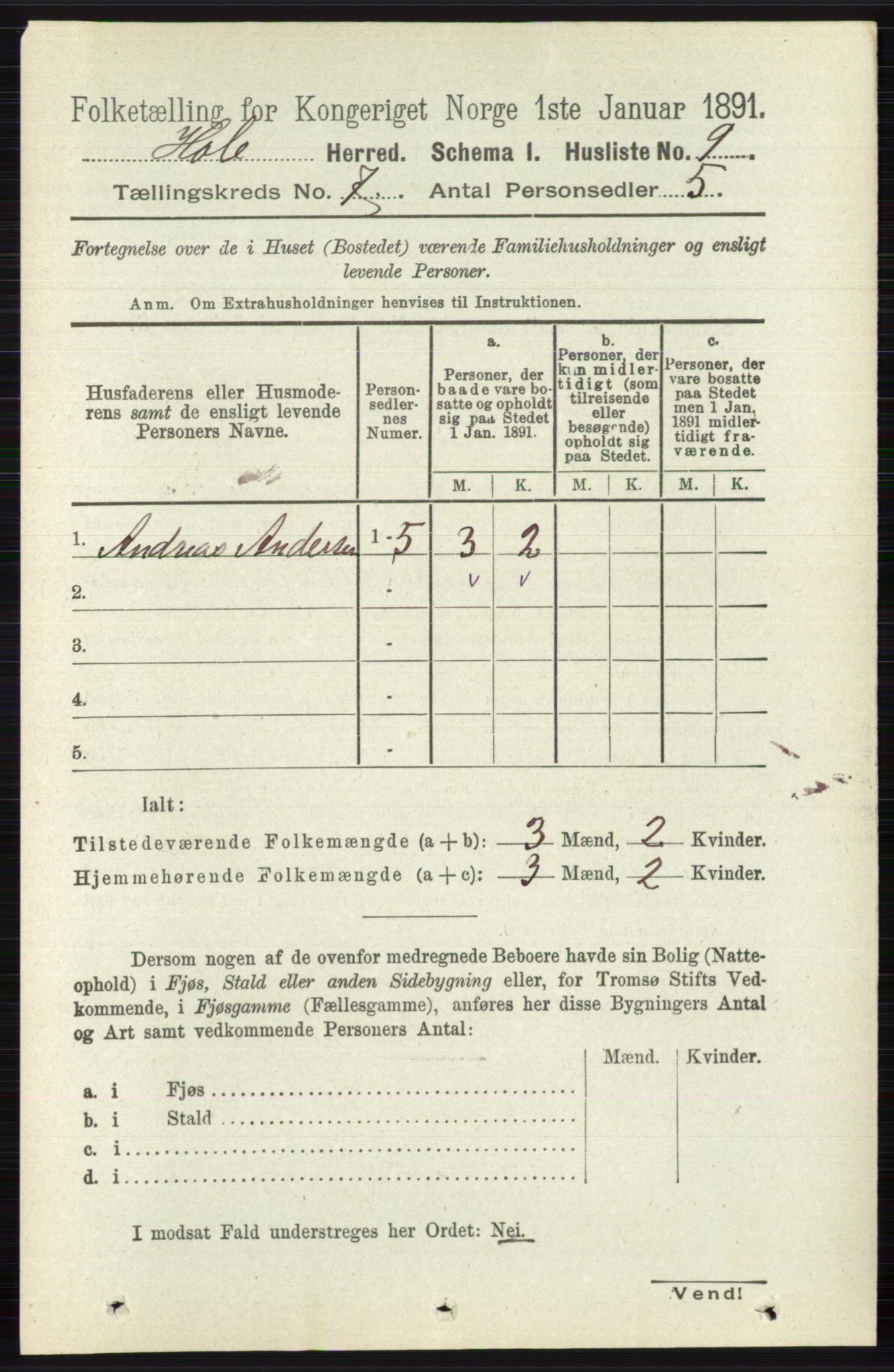 RA, Folketelling 1891 for 0612 Hole herred, 1891, s. 3890