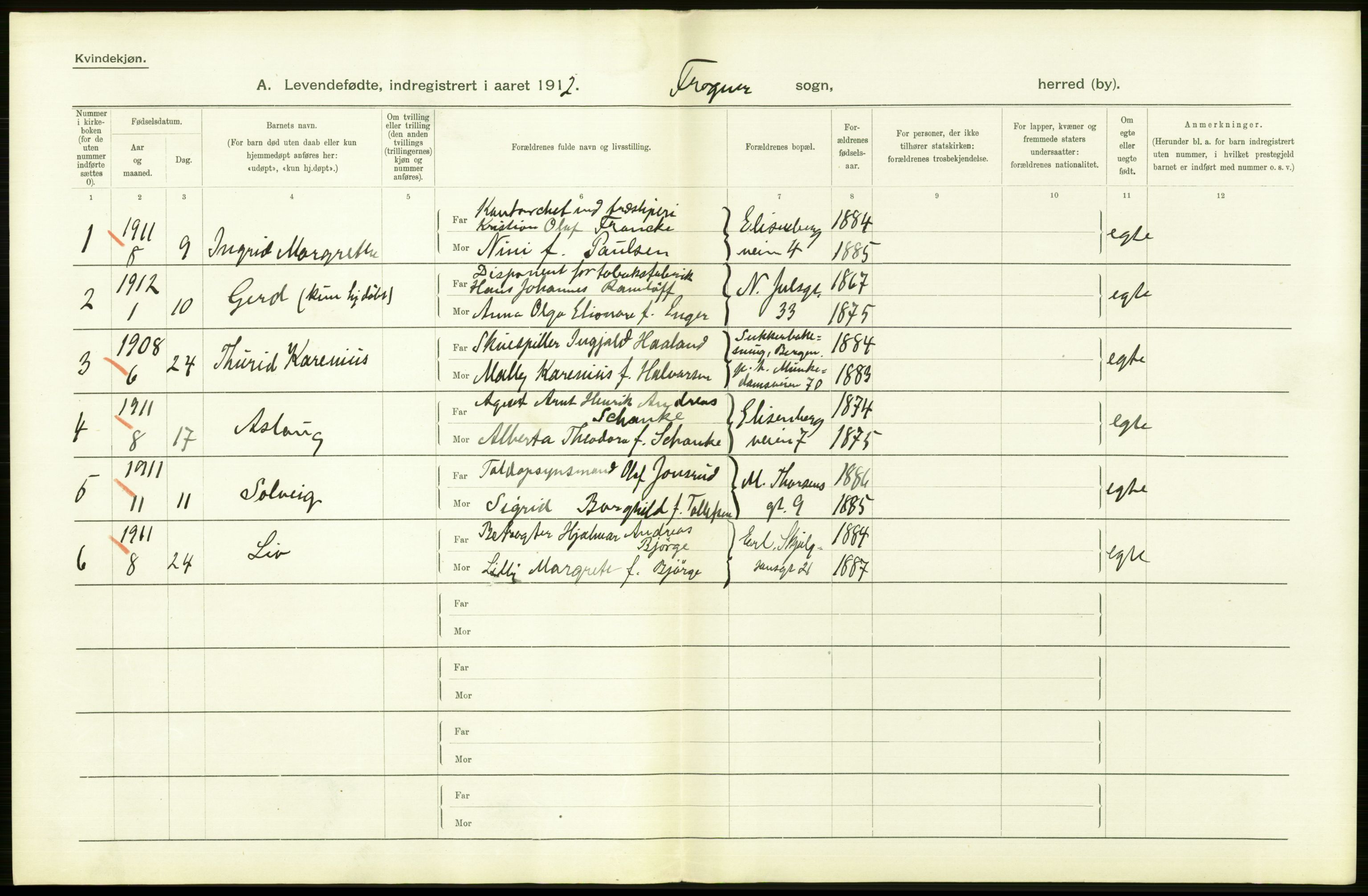 Statistisk sentralbyrå, Sosiodemografiske emner, Befolkning, RA/S-2228/D/Df/Dfb/Dfbb/L0007: Kristiania:  Levendefødte menn og kvinner., 1912, s. 486