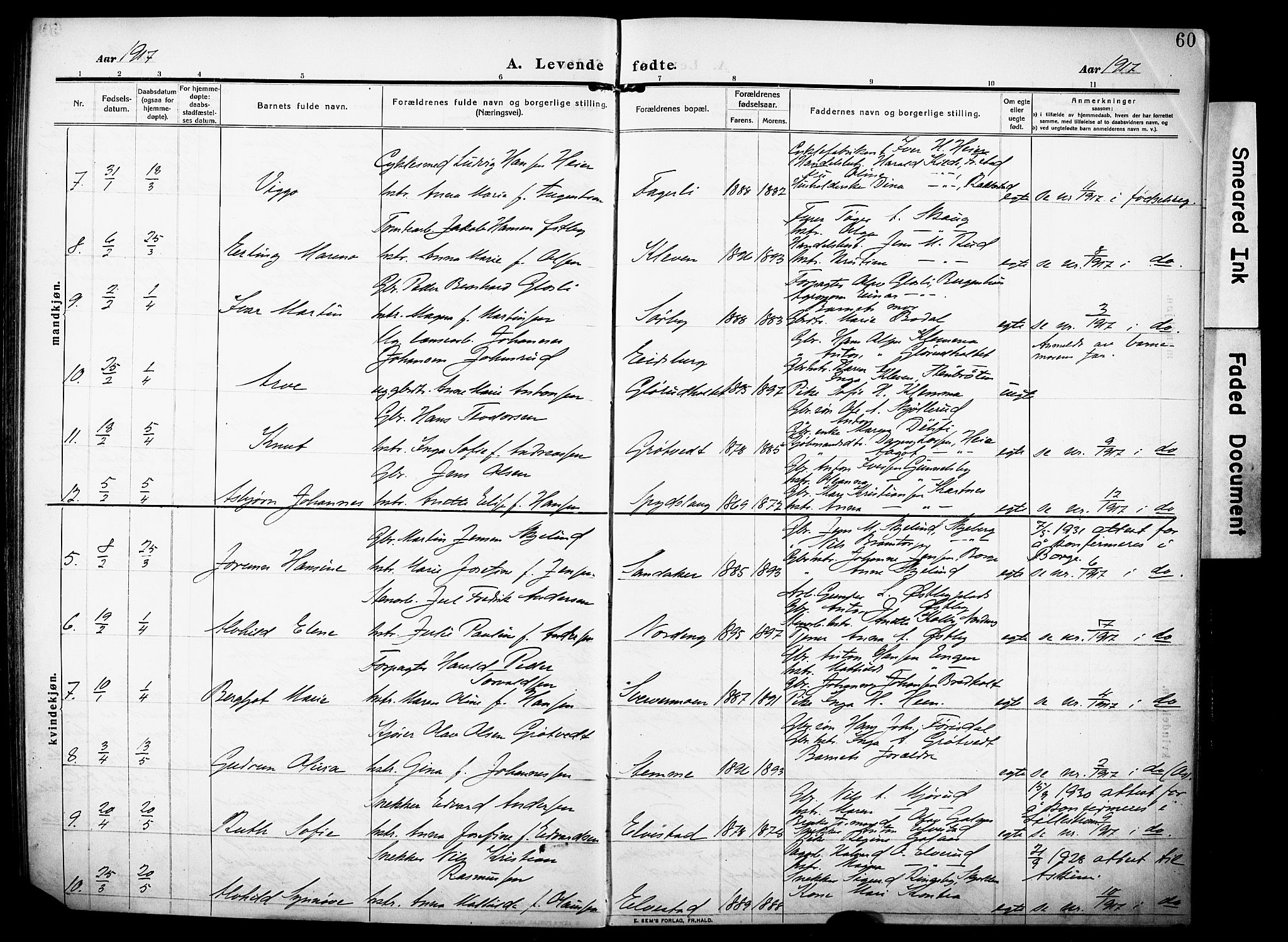 Rakkestad prestekontor Kirkebøker, AV/SAO-A-2008/F/Fa/L0015: Ministerialbok nr. I 15, 1909-1922, s. 60