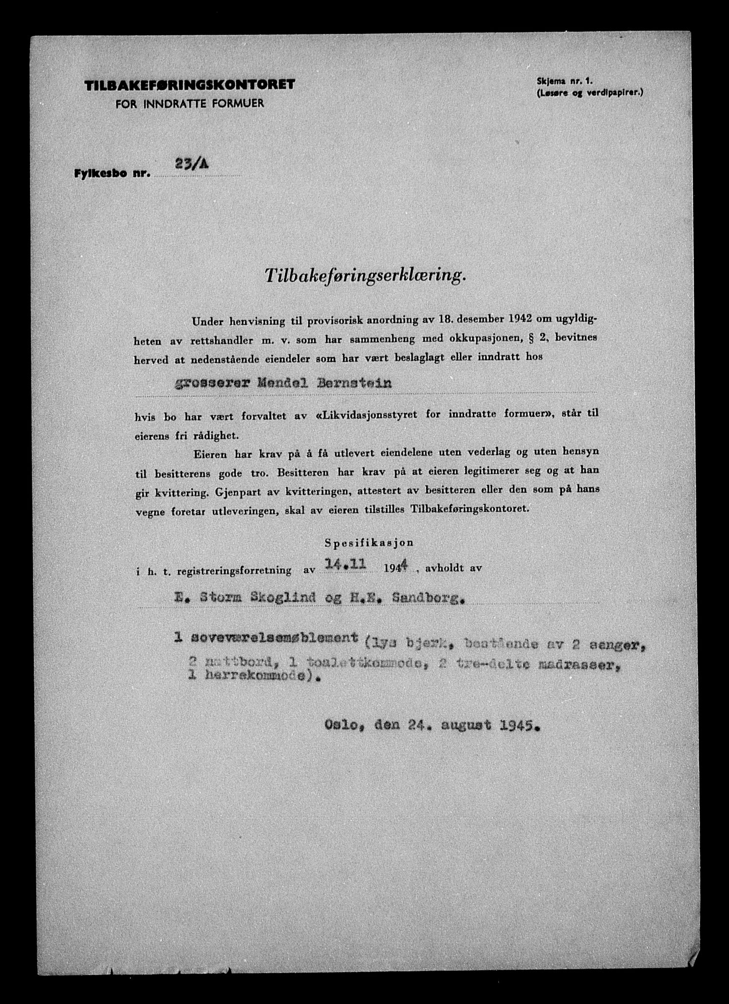 Justisdepartementet, Tilbakeføringskontoret for inndratte formuer, AV/RA-S-1564/H/Hc/Hcc/L0923: --, 1945-1947, s. 84