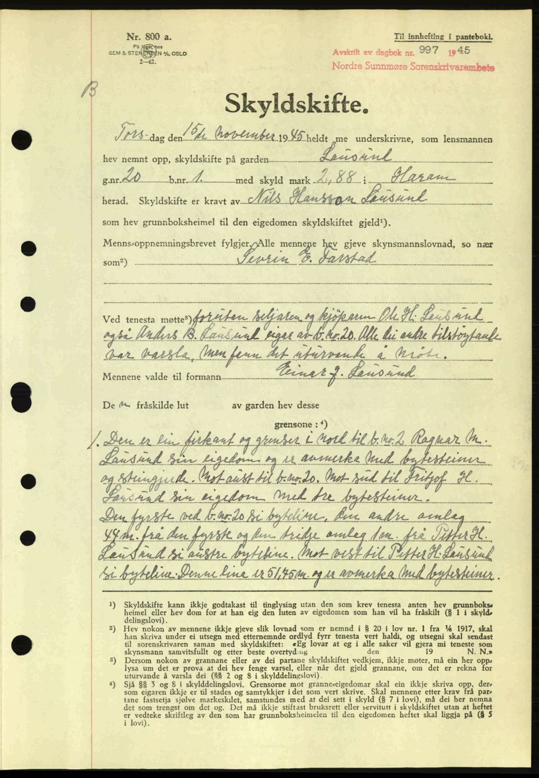 Nordre Sunnmøre sorenskriveri, AV/SAT-A-0006/1/2/2C/2Ca: Pantebok nr. A20a, 1945-1945, Dagboknr: 997/1945