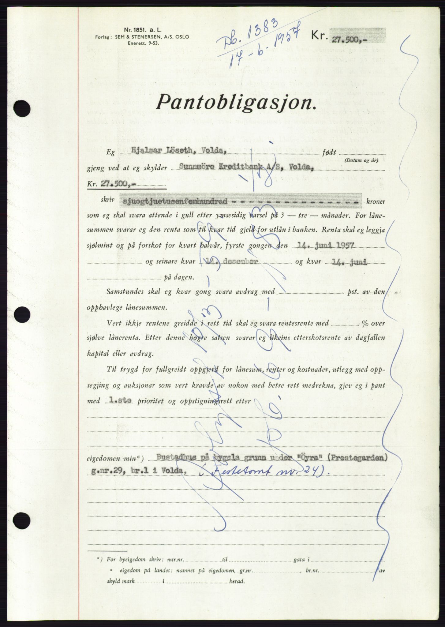 Søre Sunnmøre sorenskriveri, AV/SAT-A-4122/1/2/2C/L0130: Pantebok nr. 18B, 1957-1958, Dagboknr: 1383/1957