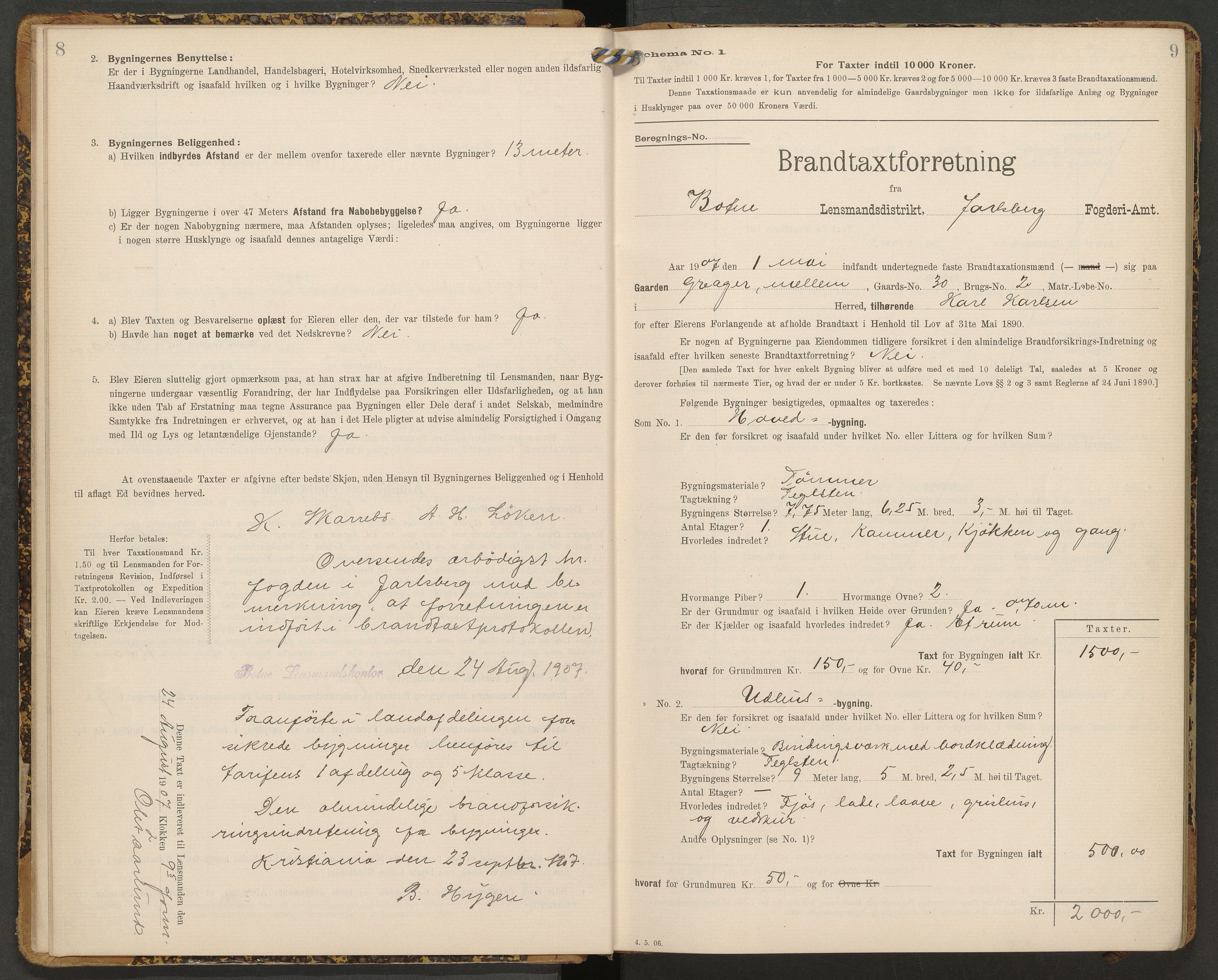 Botne lensmannskontor, AV/SAKO-A-534/Y/Yf/Yfb/L0002: Skjematakstprotokoll, 1907-1914