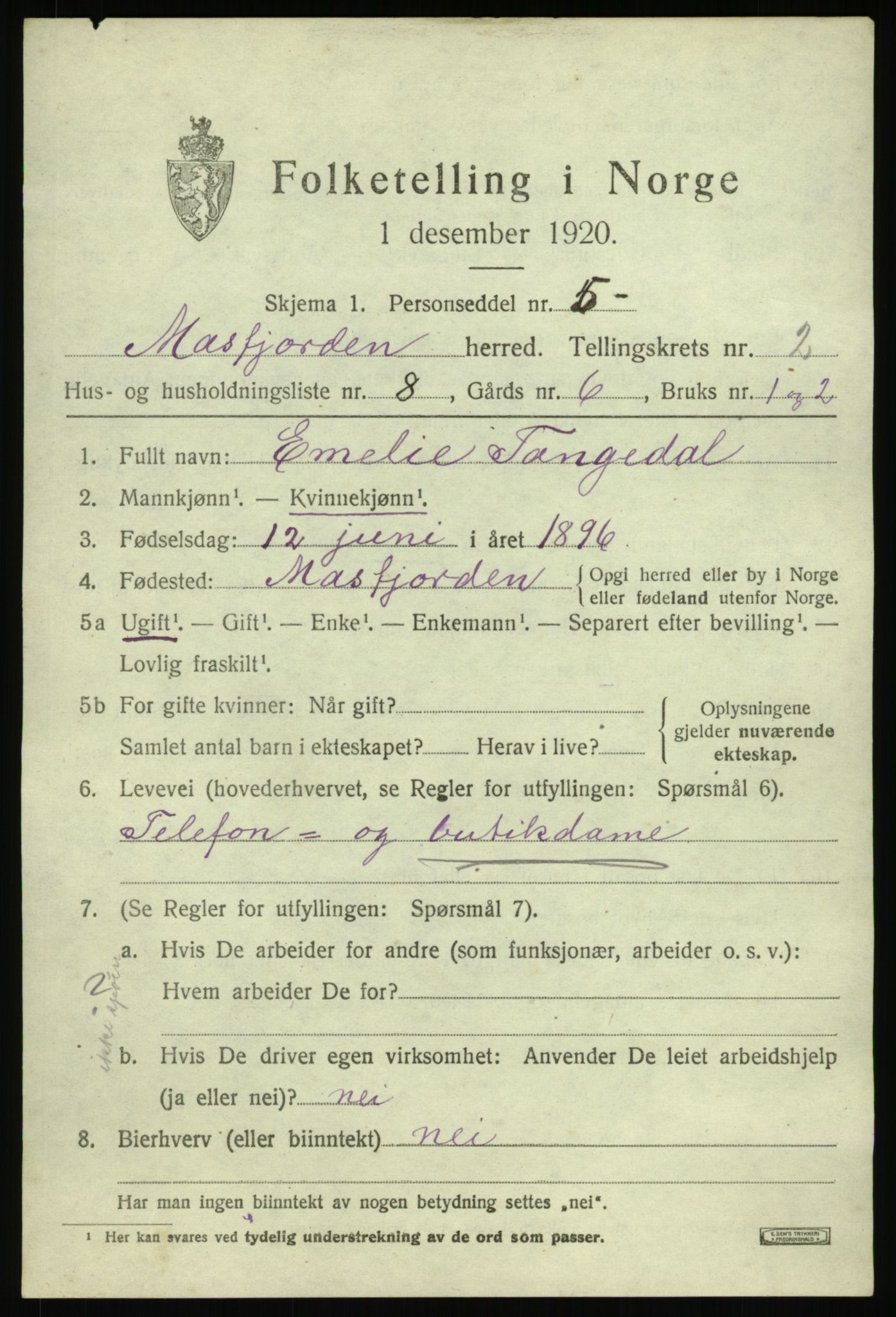 SAB, Folketelling 1920 for 1266 Masfjorden herred, 1920, s. 1133