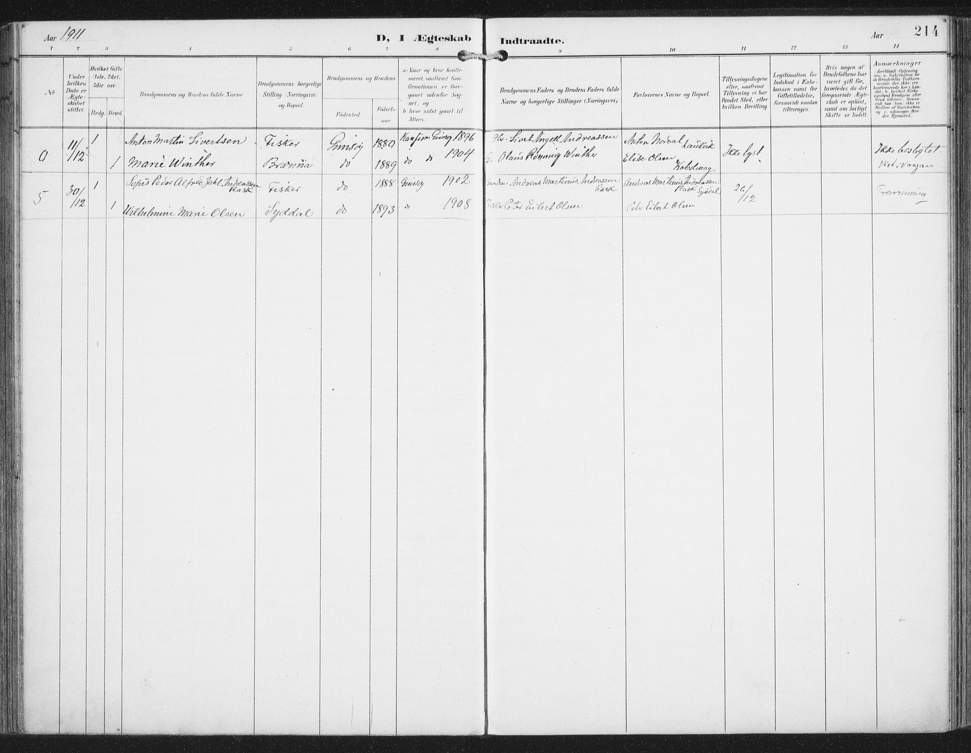 Ministerialprotokoller, klokkerbøker og fødselsregistre - Nordland, SAT/A-1459/876/L1098: Ministerialbok nr. 876A04, 1896-1915, s. 214
