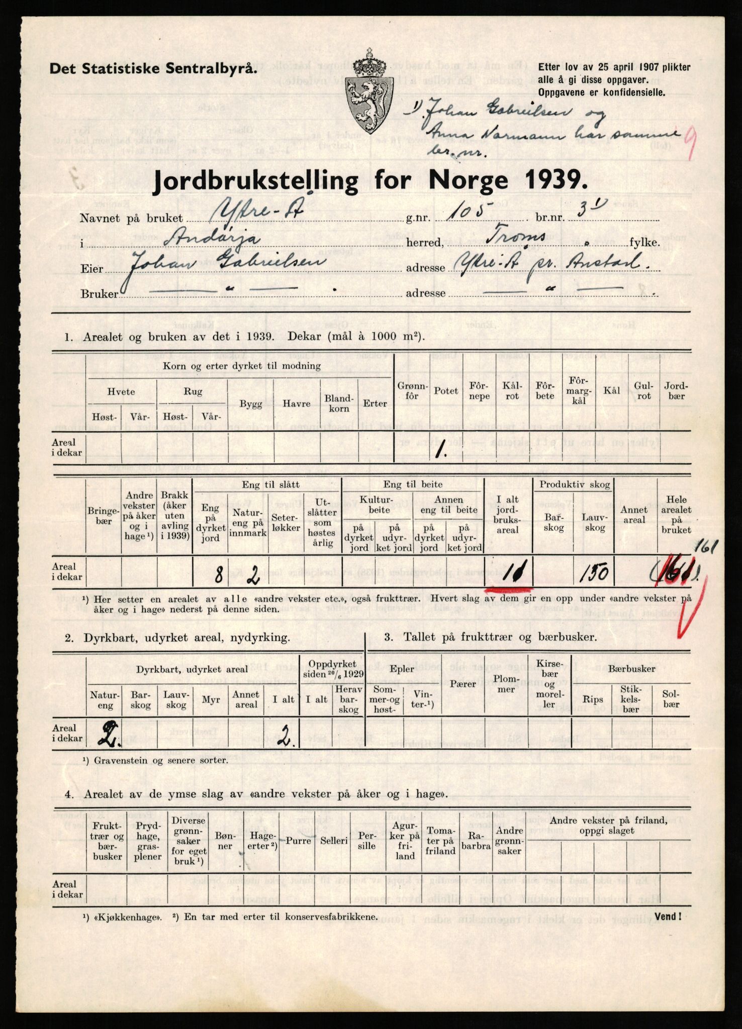 Statistisk sentralbyrå, Næringsøkonomiske emner, Jordbruk, skogbruk, jakt, fiske og fangst, AV/RA-S-2234/G/Gb/L0339: Troms: Andørja, Astafjord og Lavangen, 1939, s. 522