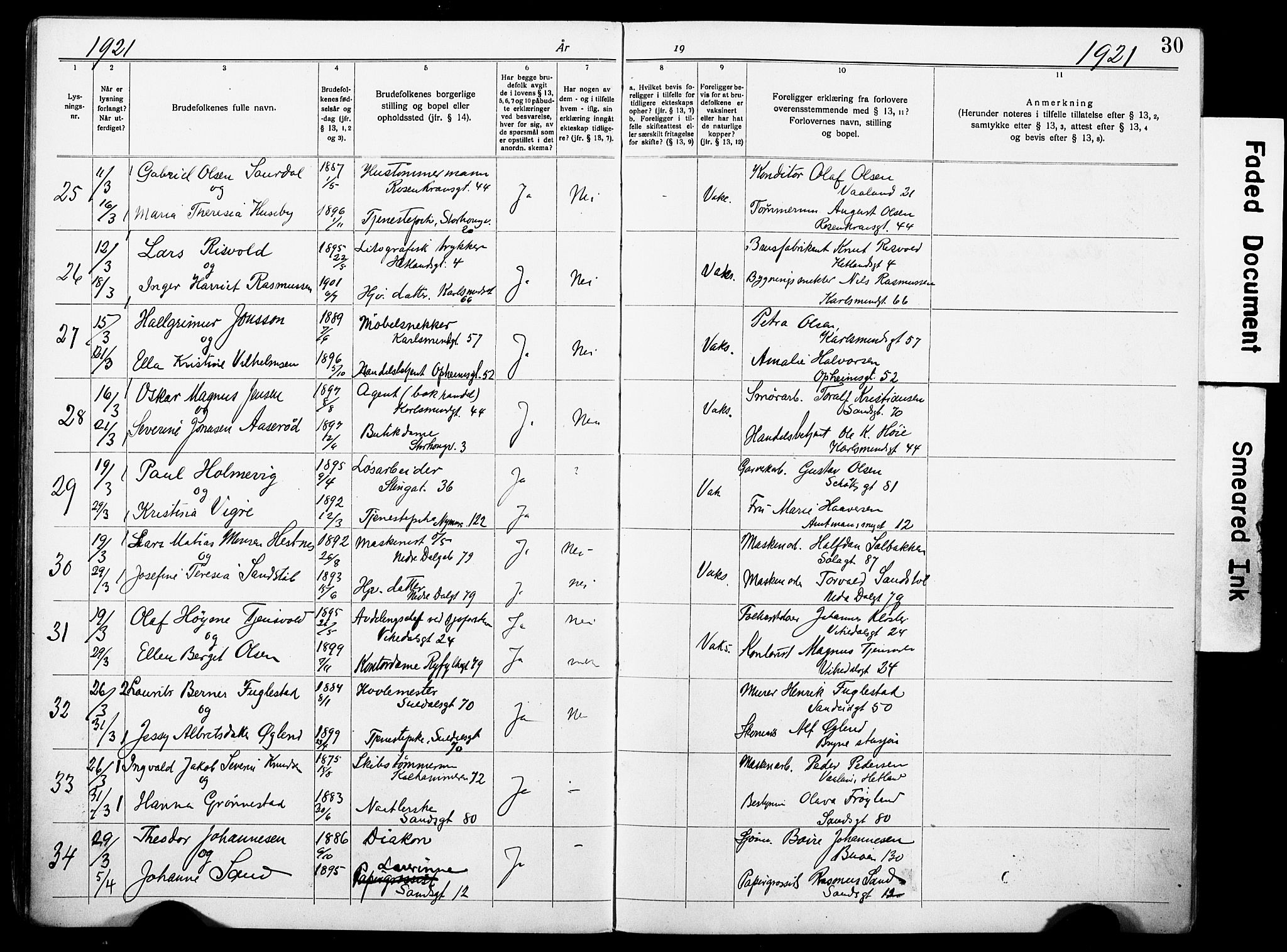 St. Johannes sokneprestkontor, AV/SAST-A-101814/001/70/705BA/L0004: Lysningsprotokoll nr. 4, 1919-1928, s. 30